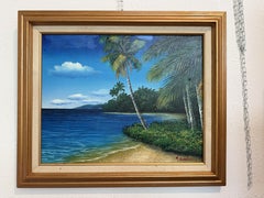 Tropical Beach Oil Painting Signed M Gordon, Palm Tree Seascape, Caribbean Coast