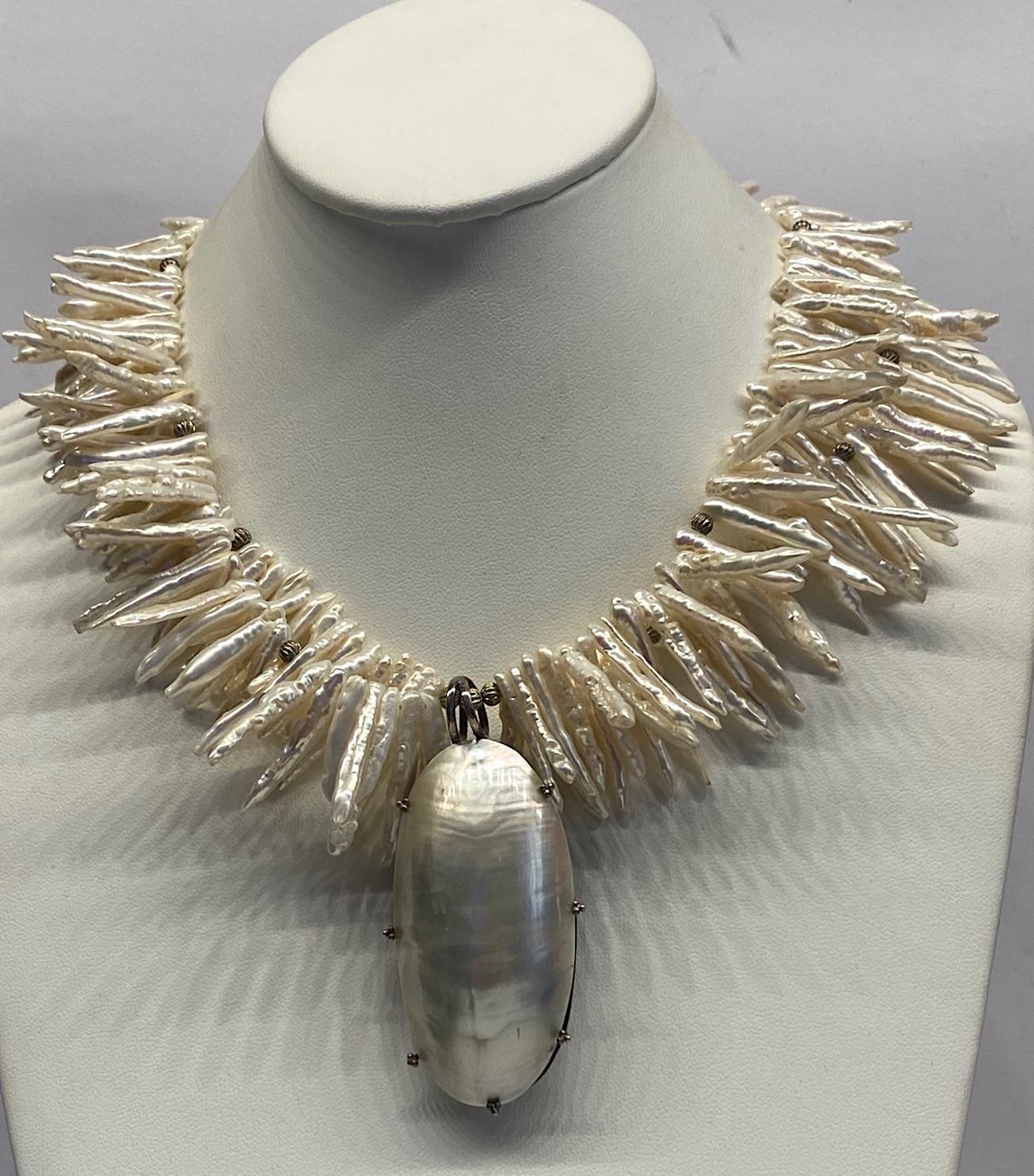 A one of a kind large statement necklace of Biwa pearls and sterling silver from the estate of Aileen Mehl known as Suzy. Aileen wrote the column 