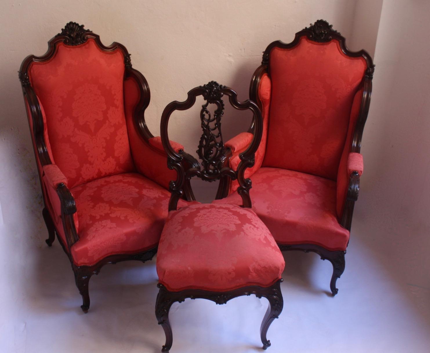 Midcentury Louis XV Style Red Silk Solid Wood Armchairs & Chair , 1950s For Sale 7