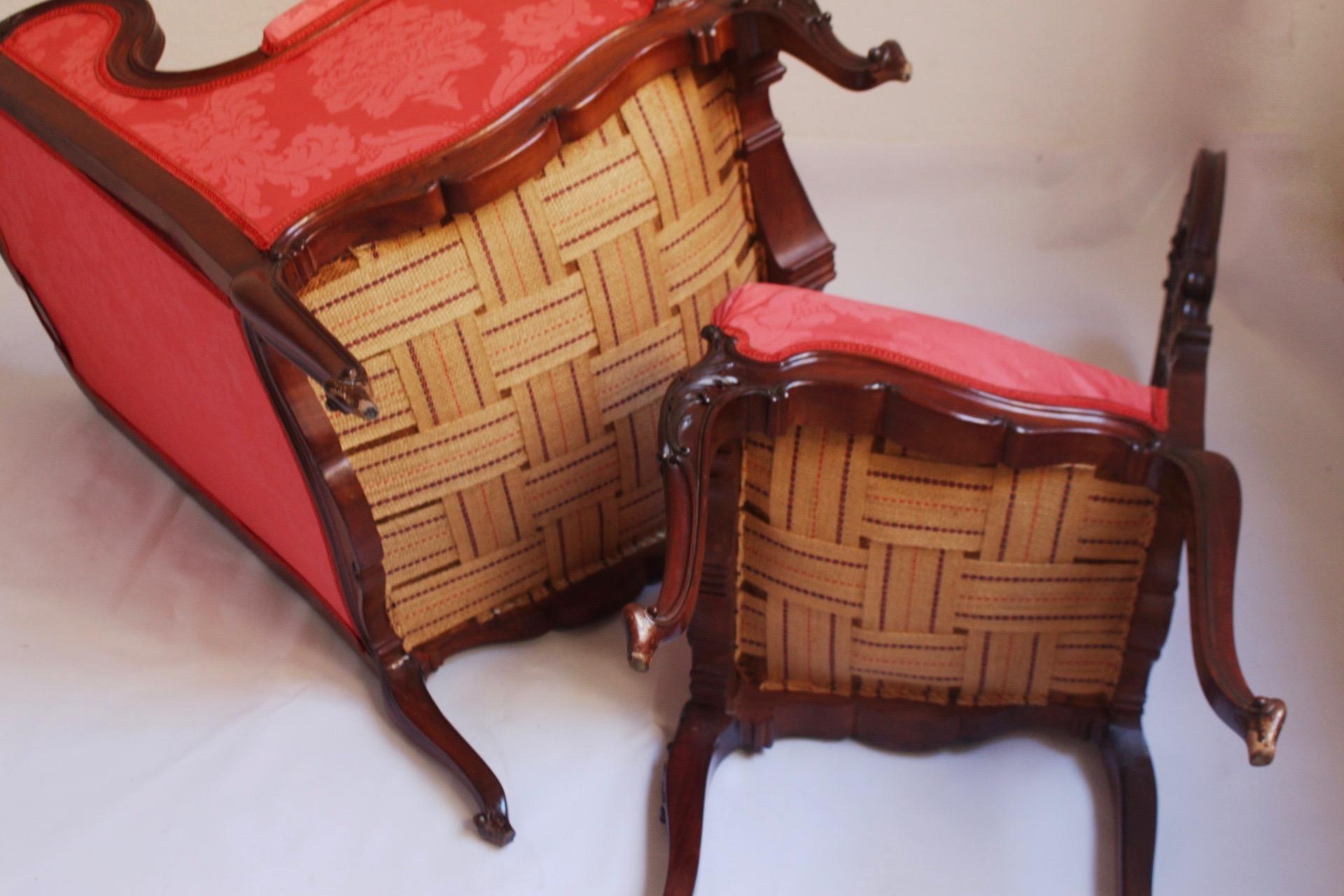 Midcentury Louis XV Style Red Silk Solid Wood Armchairs & Chair , 1950s For Sale 8