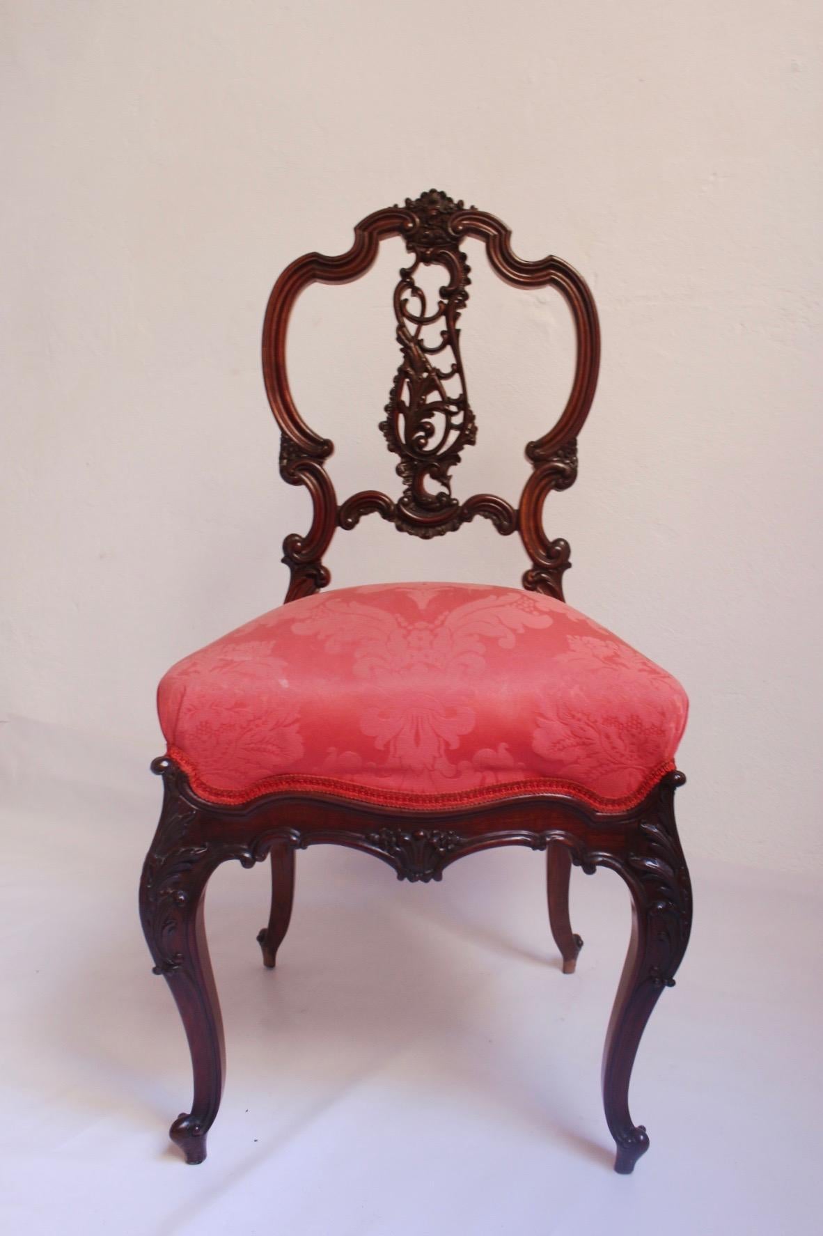 Midcentury Louis XV Style Red Silk Solid Wood Armchairs & Chair , 1950s For Sale 13