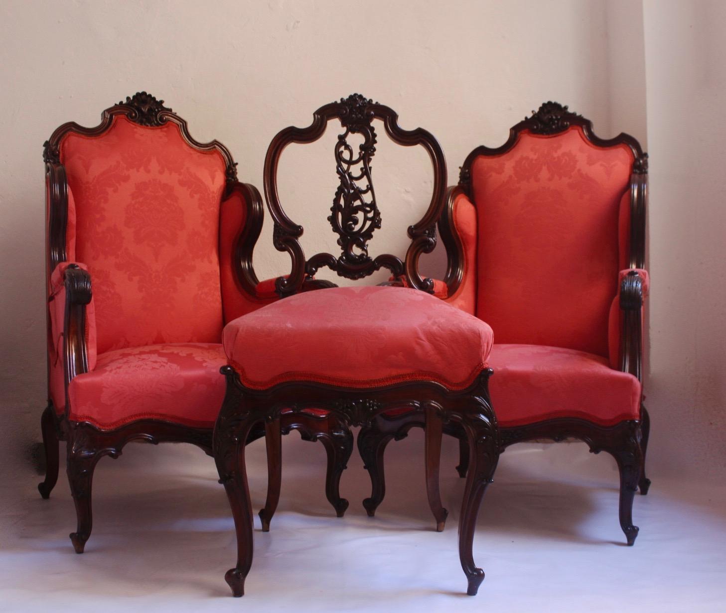 Midcentury Louis XV Style Red Silk Solid Wood Armchairs & Chair , 1950s For Sale 14