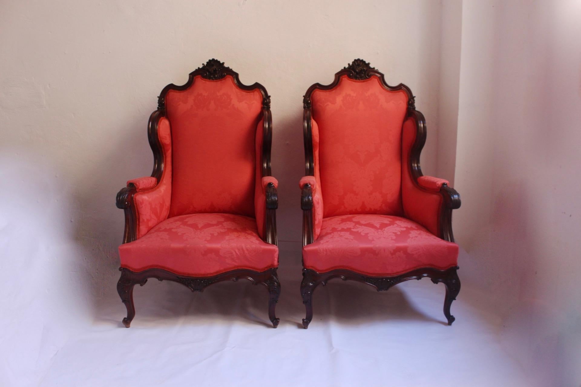 Spanish Midcentury Louis XV Style Red Silk Solid Wood Armchairs & Chair , 1950s For Sale