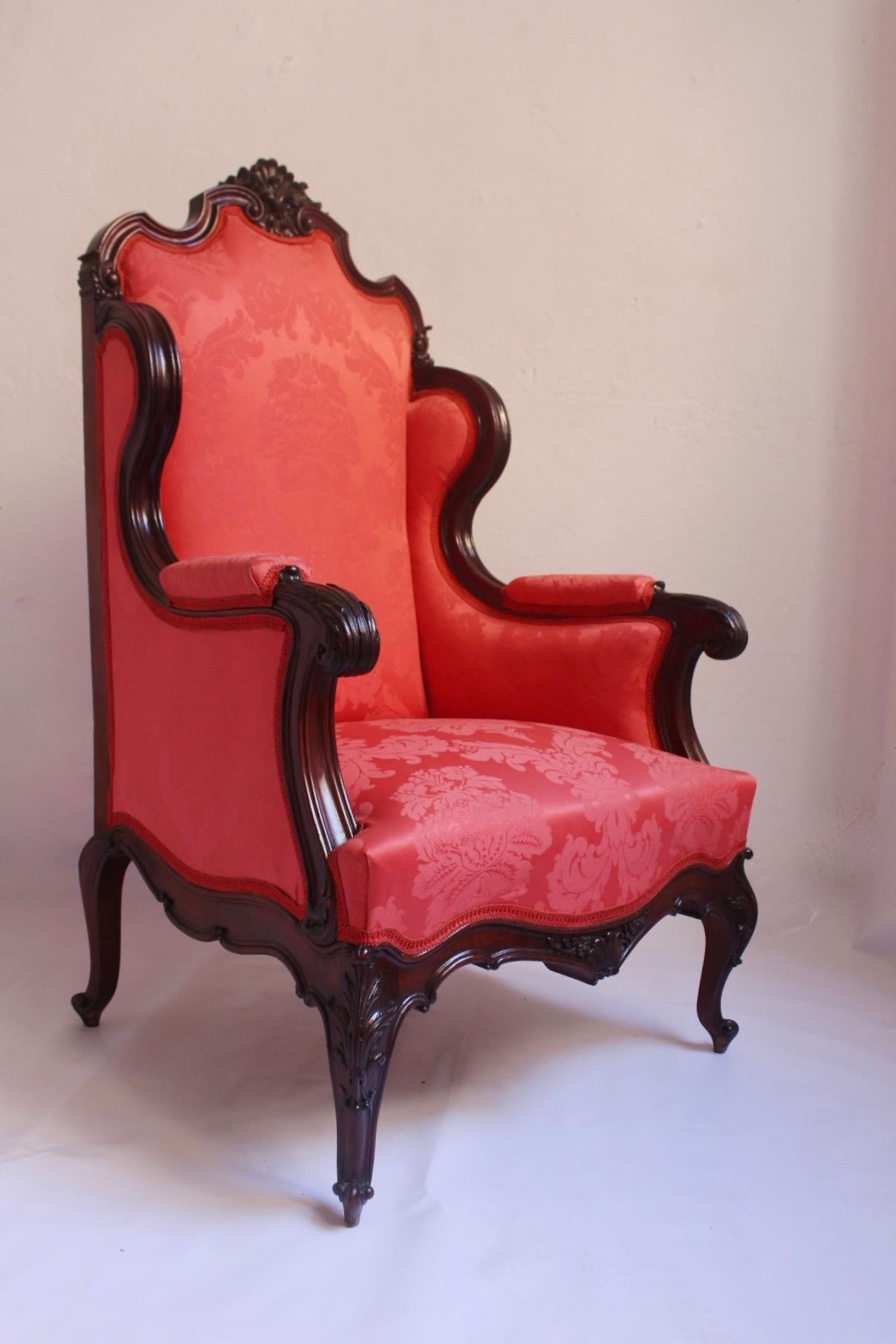 Hand-Crafted Midcentury Louis XV Style Red Silk Solid Wood Armchairs & Chair , 1950s For Sale