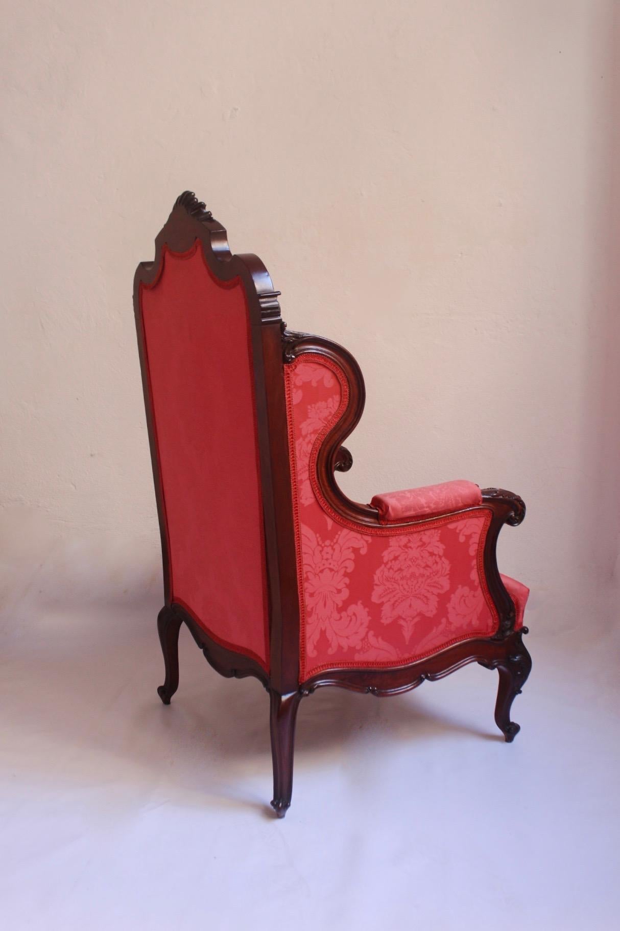 Mid-20th Century Midcentury Louis XV Style Red Silk Solid Wood Armchairs & Chair , 1950s For Sale