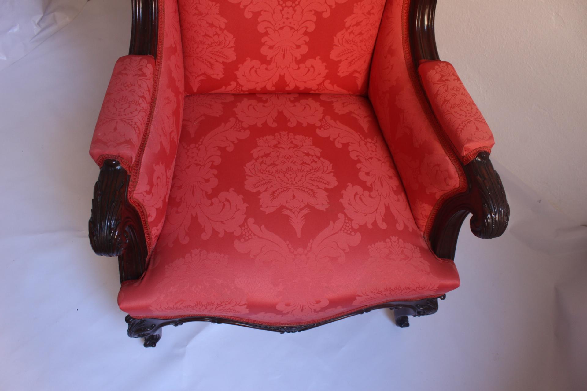 Midcentury Louis XV Style Red Silk Solid Wood Armchairs & Chair , 1950s For Sale 2