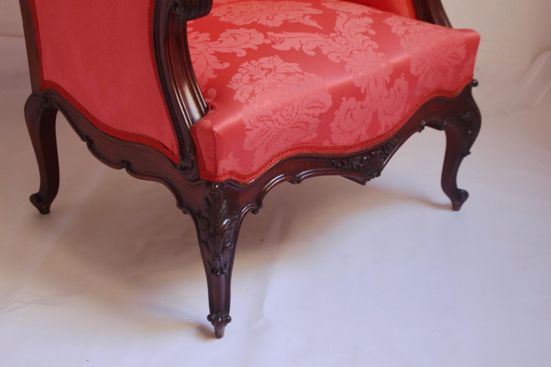 Midcentury Louis XV Style Red Silk Solid Wood Armchairs & Chair , 1950s For Sale 3