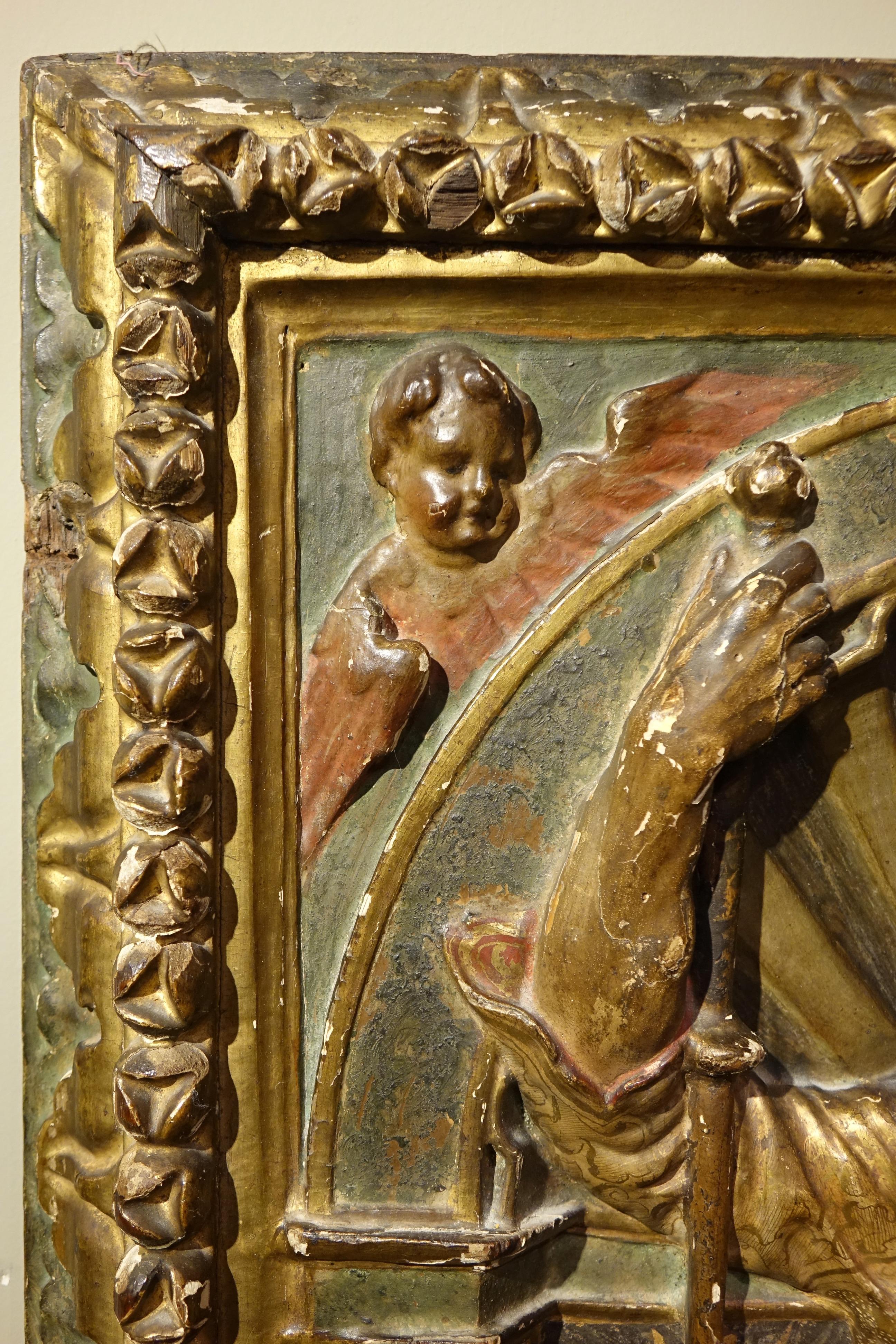 Mi-relief en bois doré et polychromé, représentant saint-Roch. Espagne , 16e S. in vendita 2