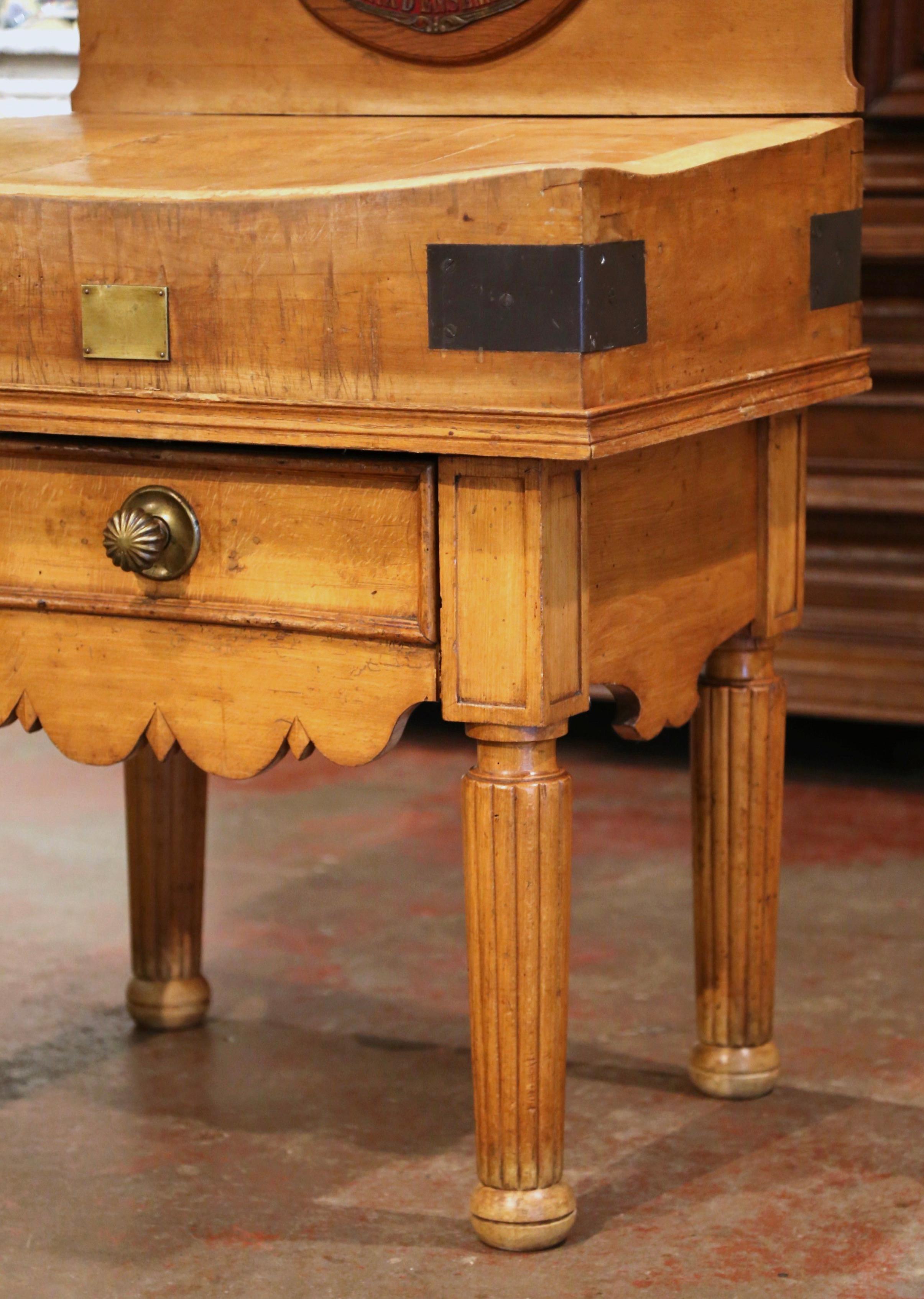 Midcentury French Carved Butcher Block with Back, Cow Head and Knife Hooks 6