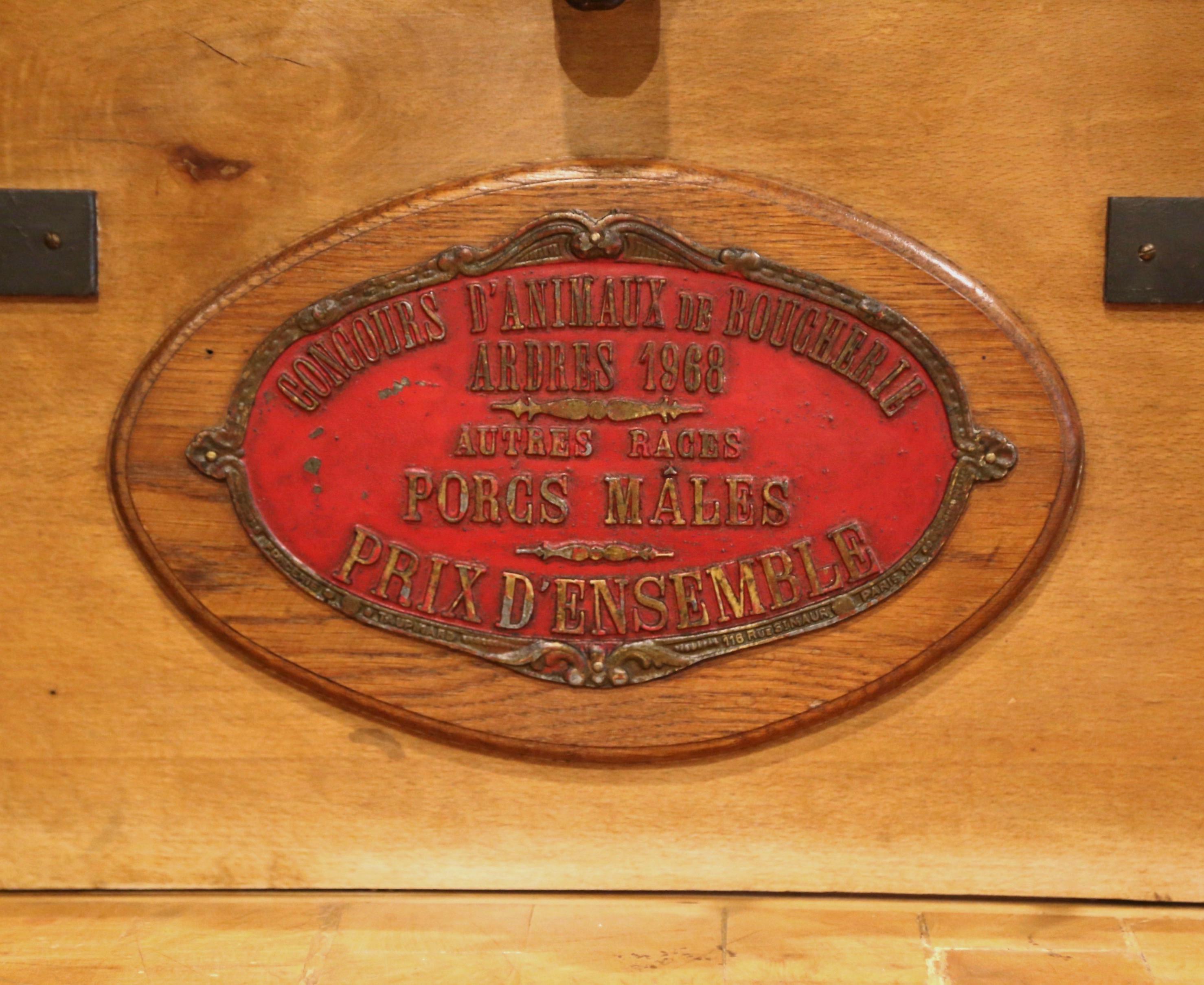 Hand-Carved Midcentury French Carved Butcher Block with Back, Cow Head and Knife Hooks