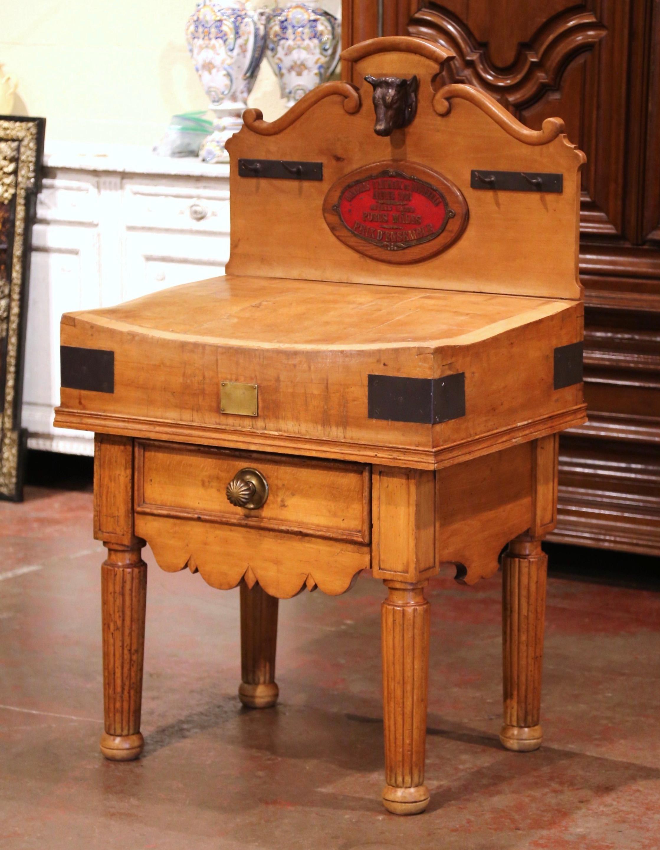 Midcentury French Carved Butcher Block with Back, Cow Head and Knife Hooks In Excellent Condition In Dallas, TX
