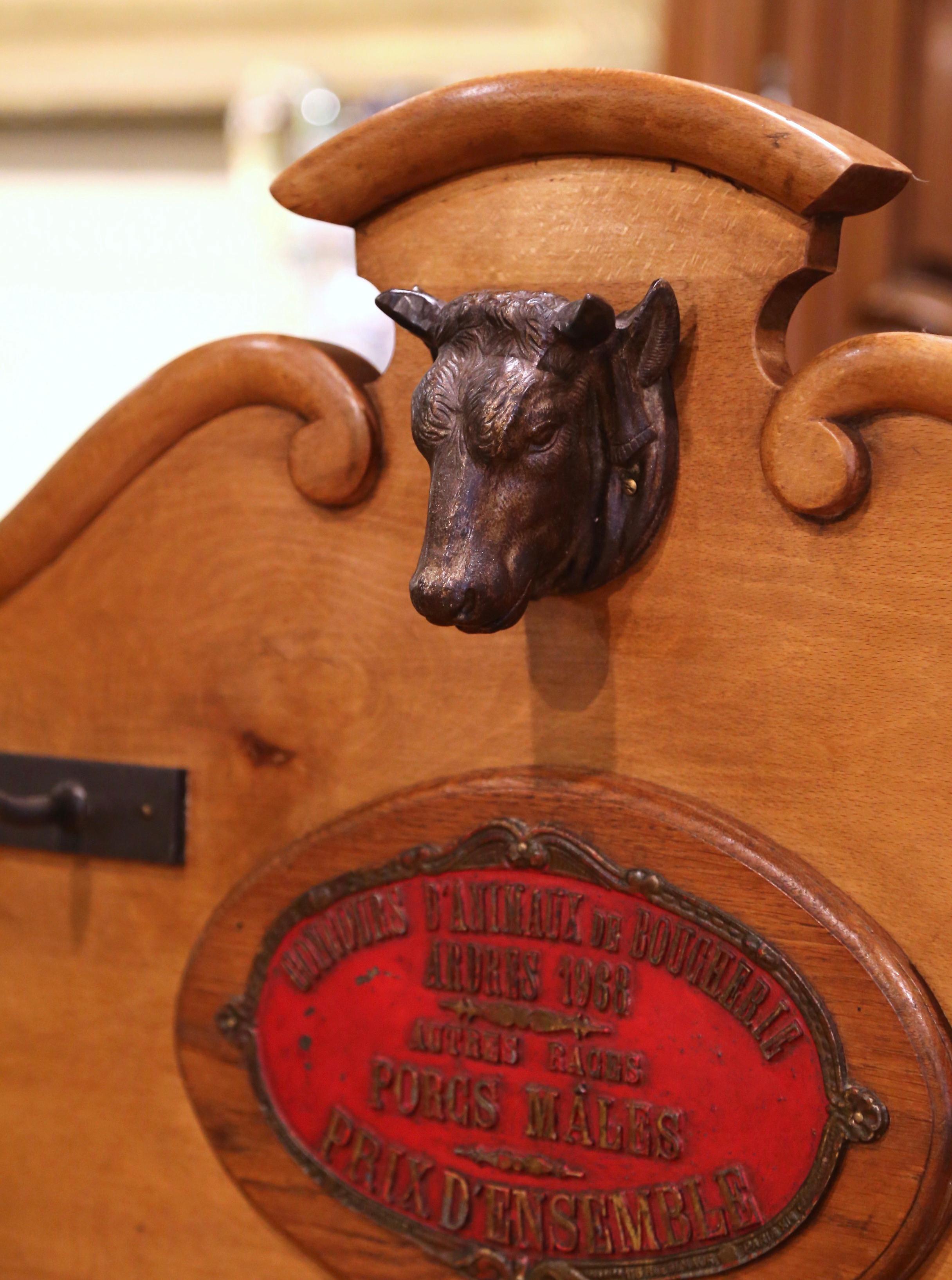 20th Century Midcentury French Carved Butcher Block with Back, Cow Head and Knife Hooks