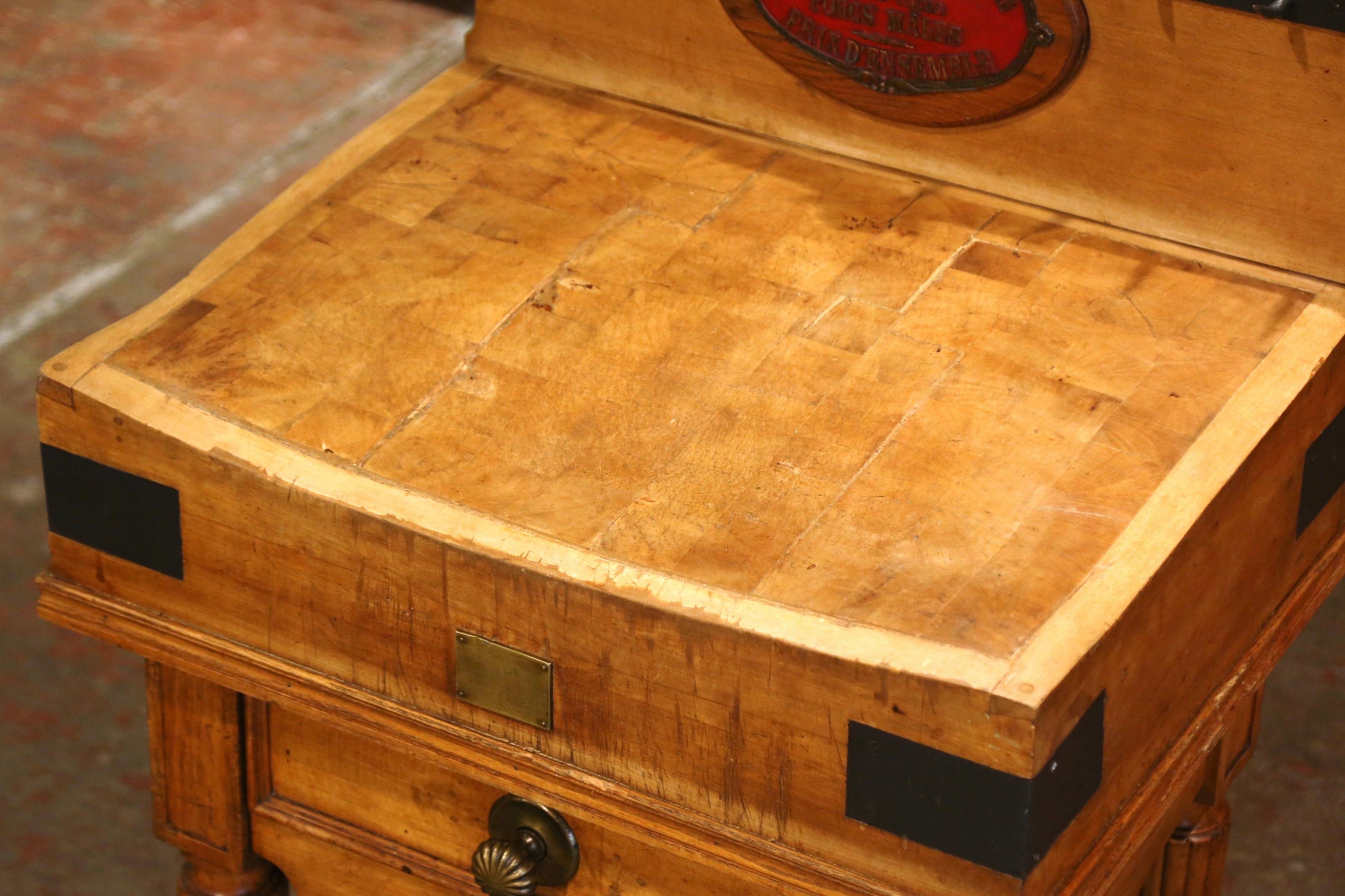 Midcentury French Carved Butcher Block with Back, Cow Head and Knife Hooks 2