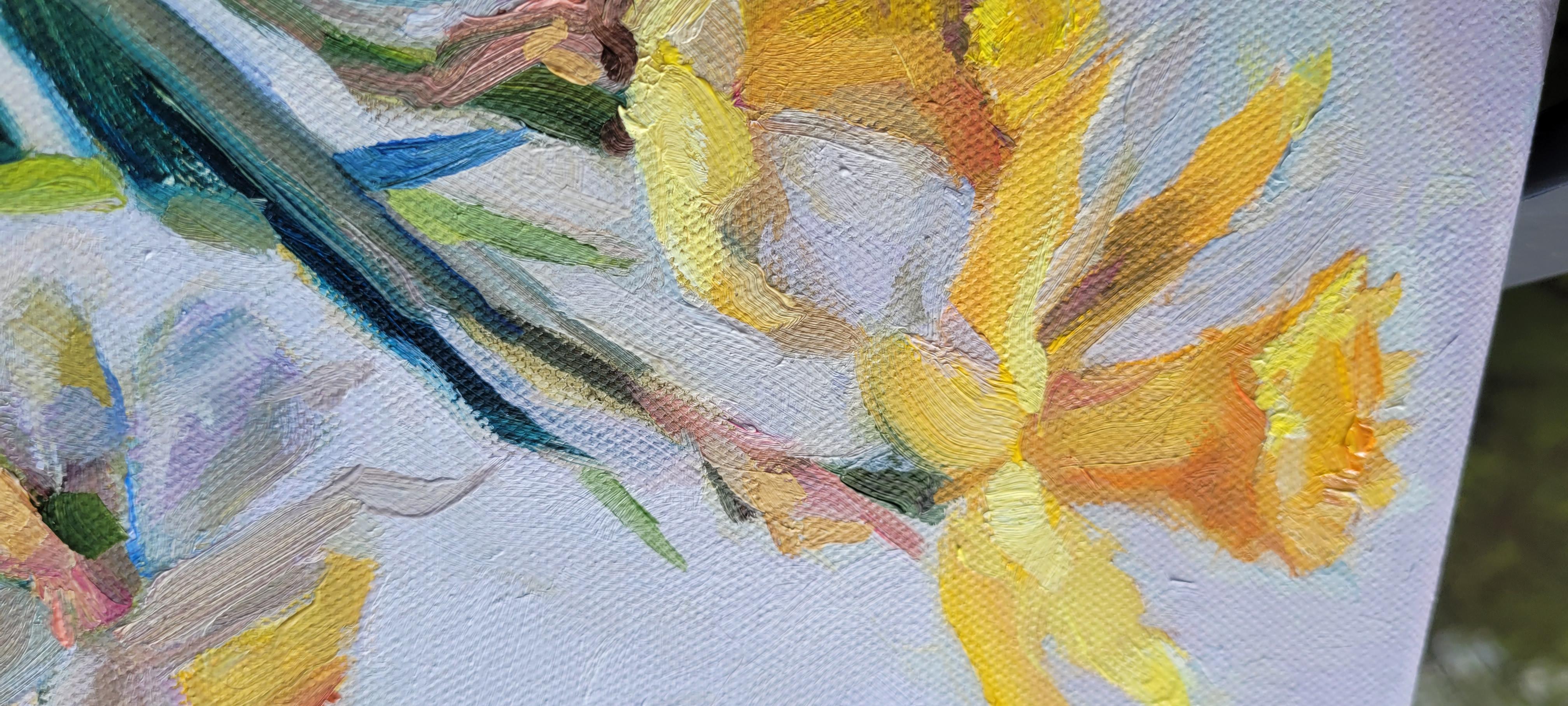 Narzissen.floral, abstrakter Realismus, rechteckig, gelb, grün, grau, mittel. im Angebot 14