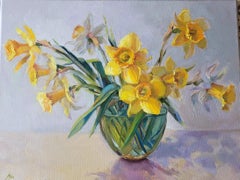 Narzissen.floral, abstrakter Realismus, rechteckig, gelb, grün, grau, mittel.