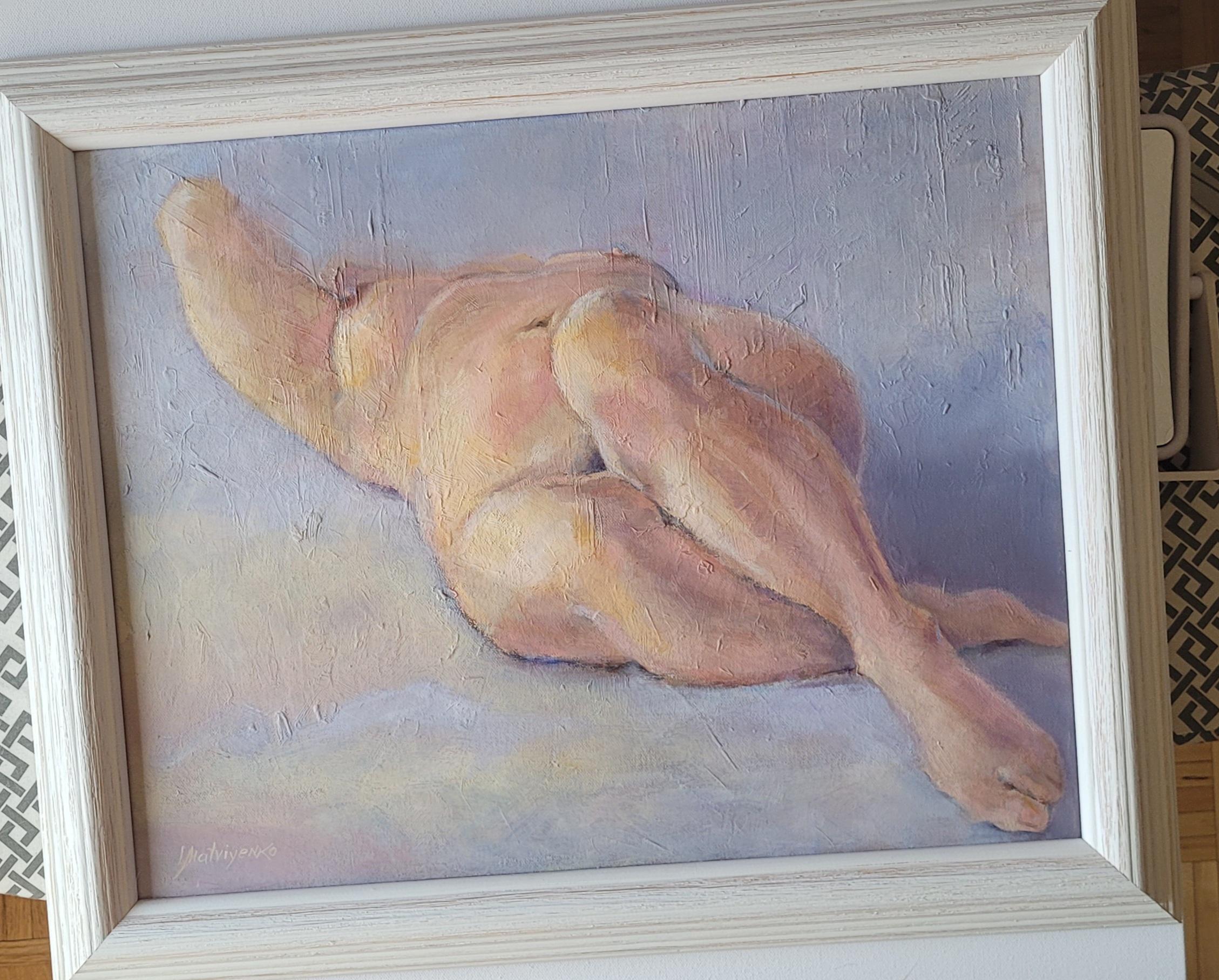 Nude. Abstract realism, Horizontal, Pastel colours,  Beige, Cream, Ochre, Blue - Painting by mia