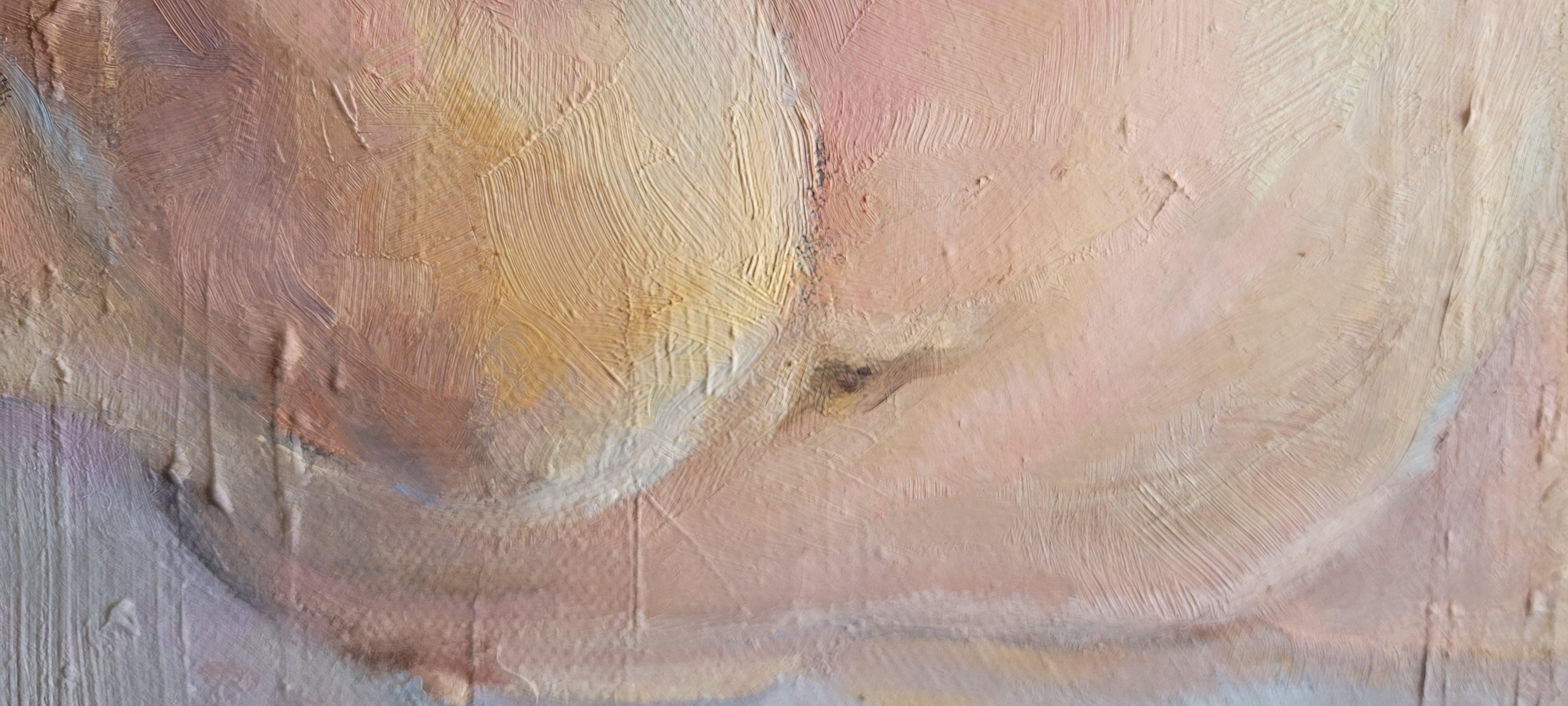 Nude. Abstract realism, Horizontal, Pastel colours,  Beige, Cream, Ochre, Blue - Realist Painting by mia