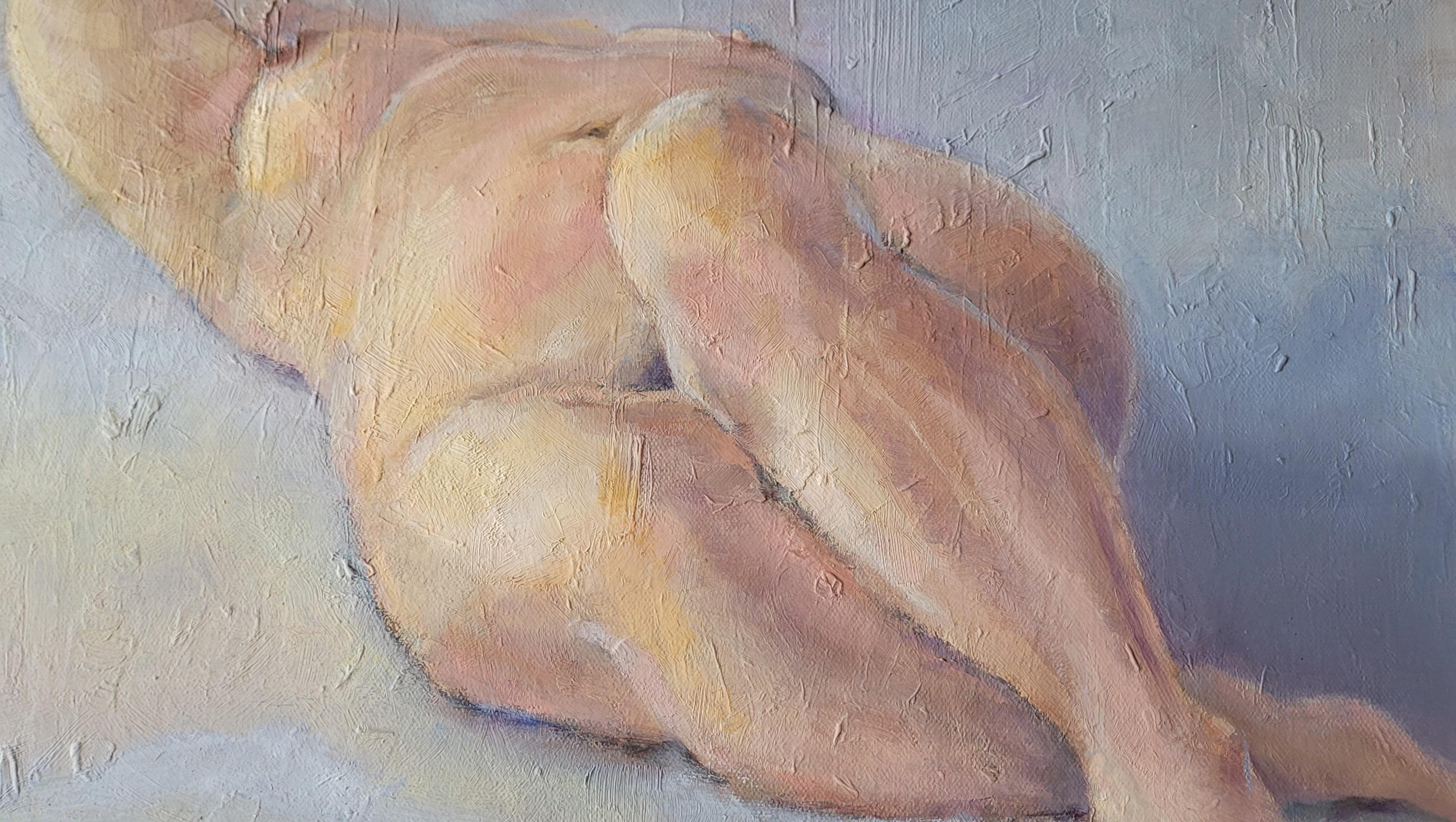 Nude. Abstract realism, Horizontal, Pastel colours,  Beige, Cream, Ochre, Blue For Sale 2