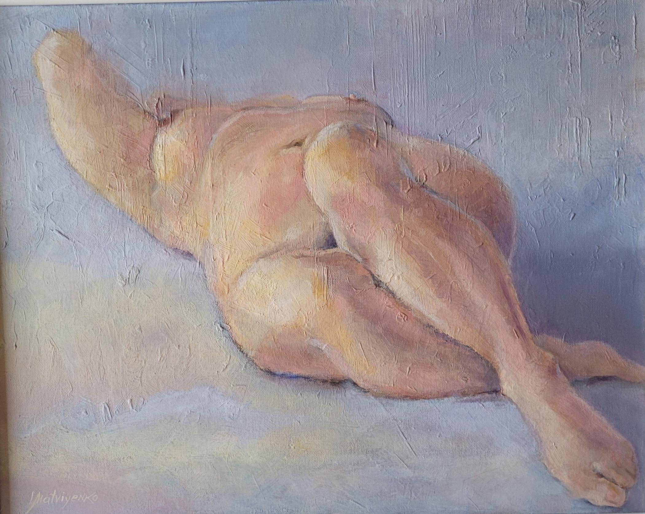 mia Nude Painting - Nude. Abstract realism, Horizontal, Pastel colours,  Beige, Cream, Ochre, Blue