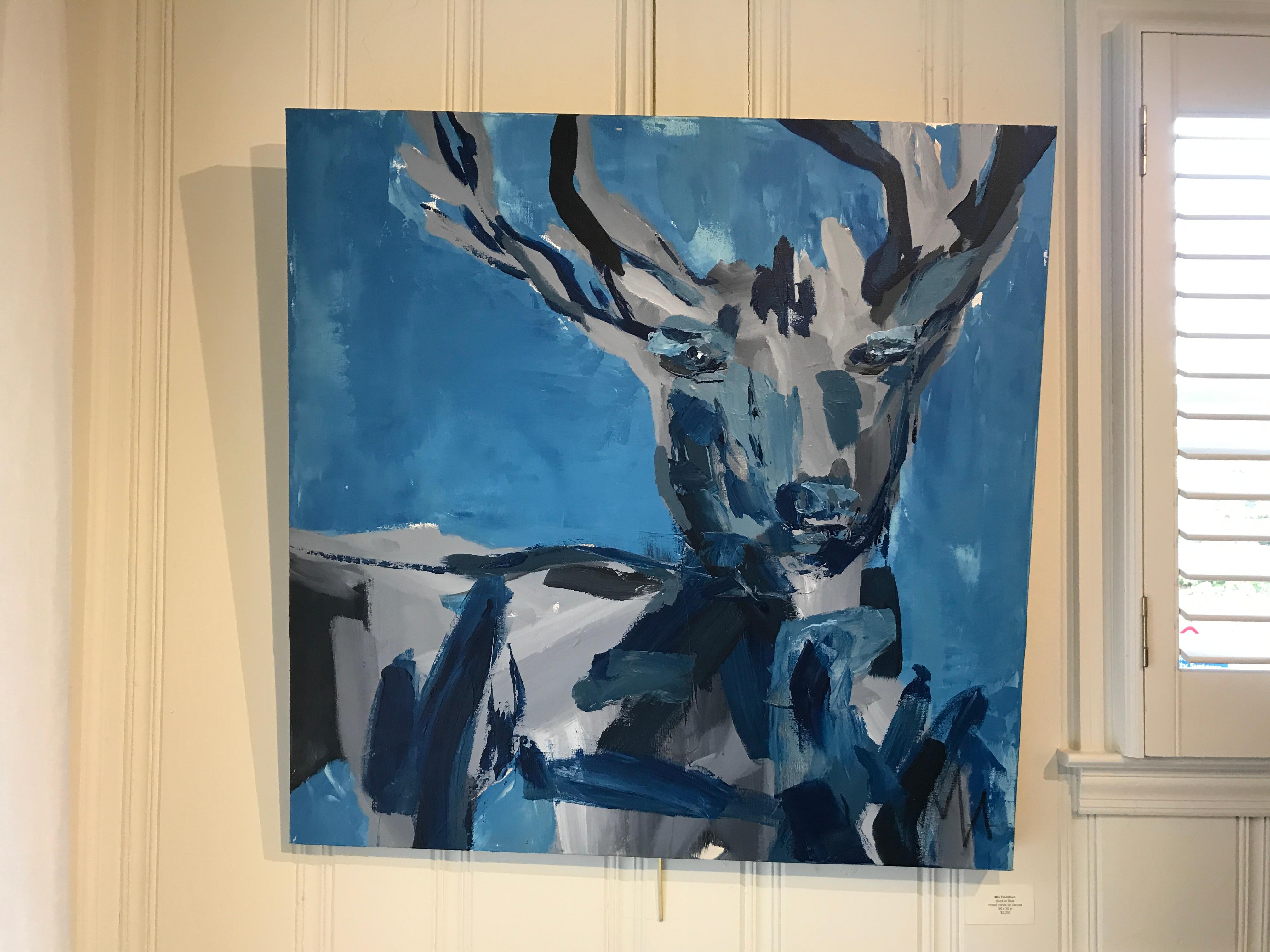 Buck in Blue by Mia Frandsen, Abstracted Mixed Media on Canvas Animal Painting 1