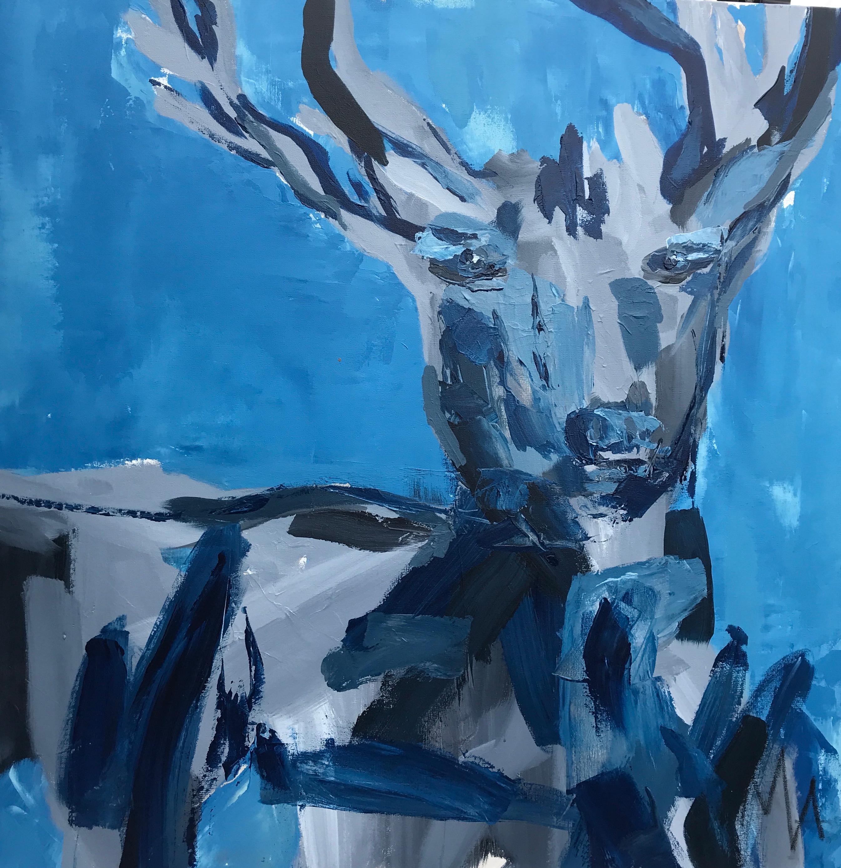 'Buck in Blue' is a large abstracted mixed media on canvas painting of square format created by American artist Mia Frandsen in 2018. Featuring an exquisite palette made of a tonality of blue, the painting grabs our attention with its unusual