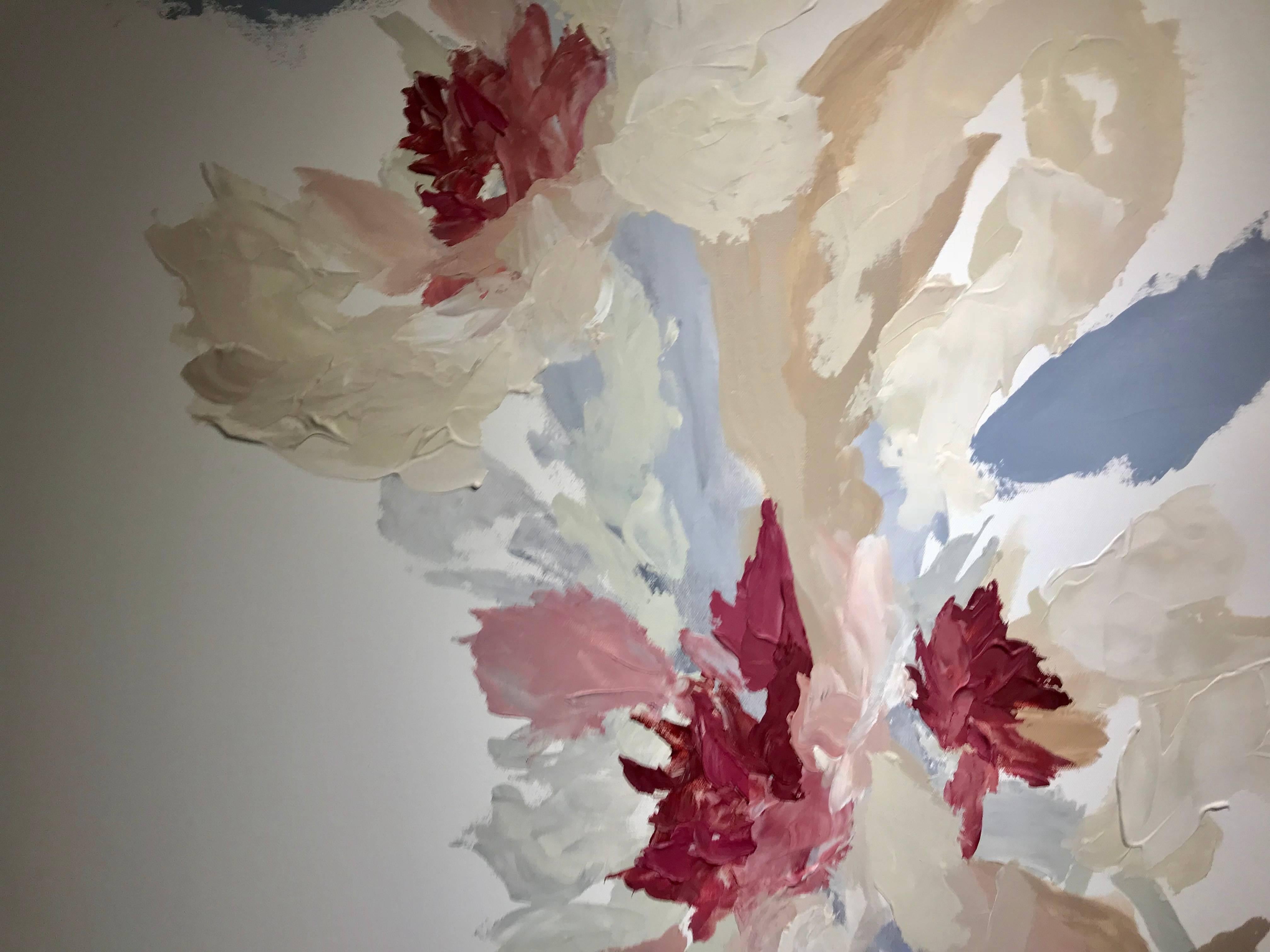 'Grateful' is a large vertical format mixed media on canvas abstract floral painting created by American artist Mia Frandsen in 2018. A neutral colored background allows the lovely abstract floral motif to stand out beautifully. The palette, made of