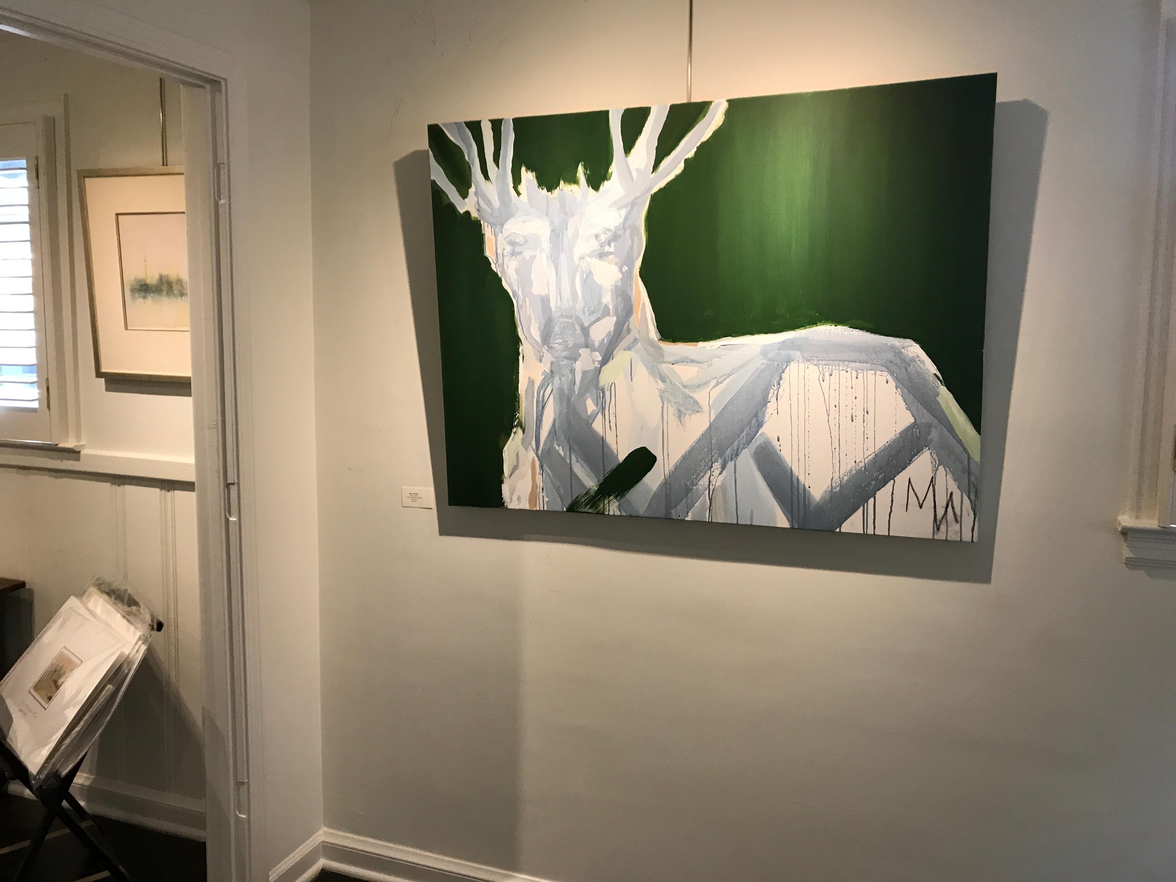 'Green Buck' is a large abstracted mixed media on canvas animal painting created by American artist Mia Frandsen in 2018. Featuring a palette made of dark green, white and grey tones, the painting strikes with its powerful depiction of a buck, his