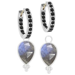 Mia Labradorite Charms and Intricate Black Spinel Silver Hoop Earrings