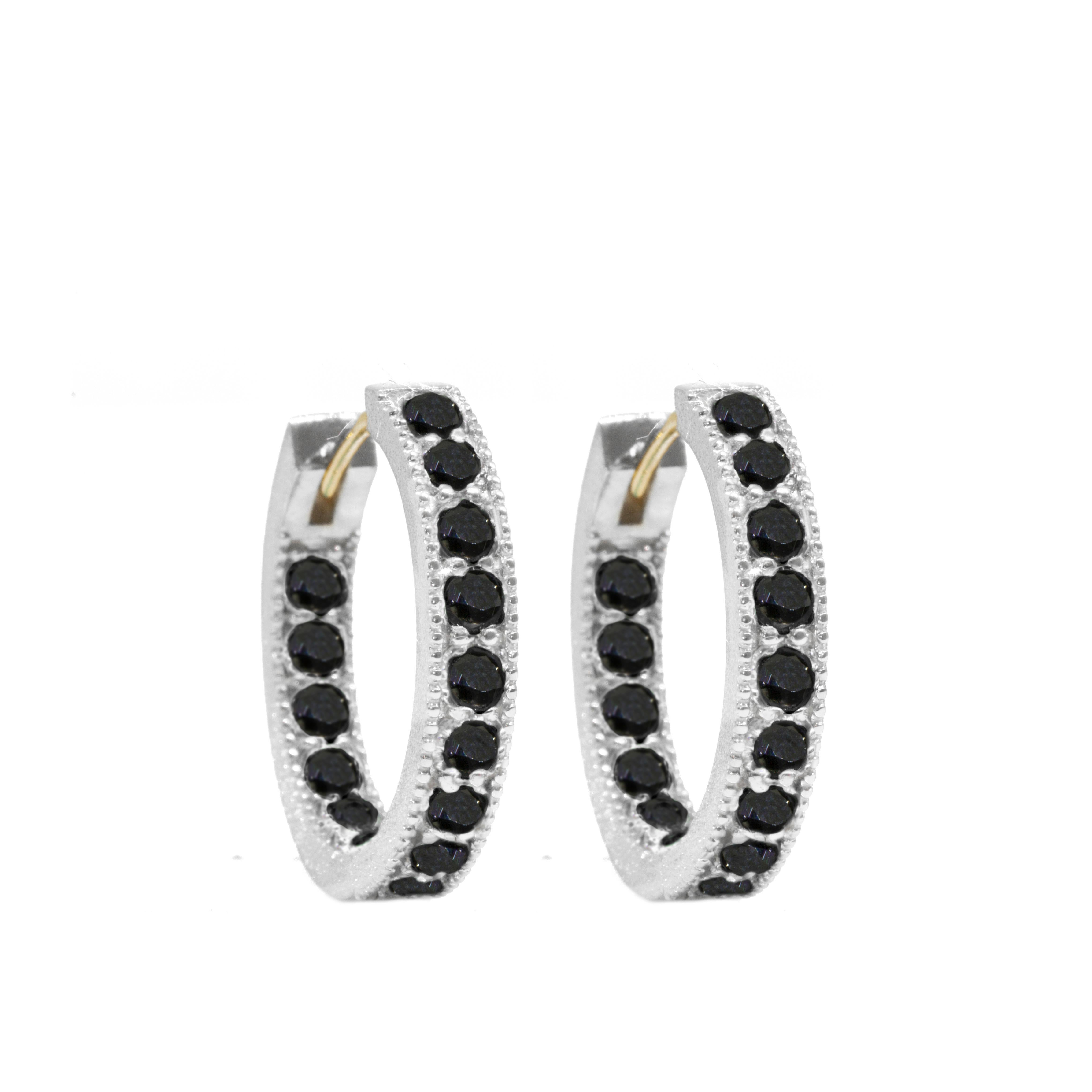 Contemporary Mia Labradorite Charms and Intricate Black Spinel Silver Hoop Earrings
