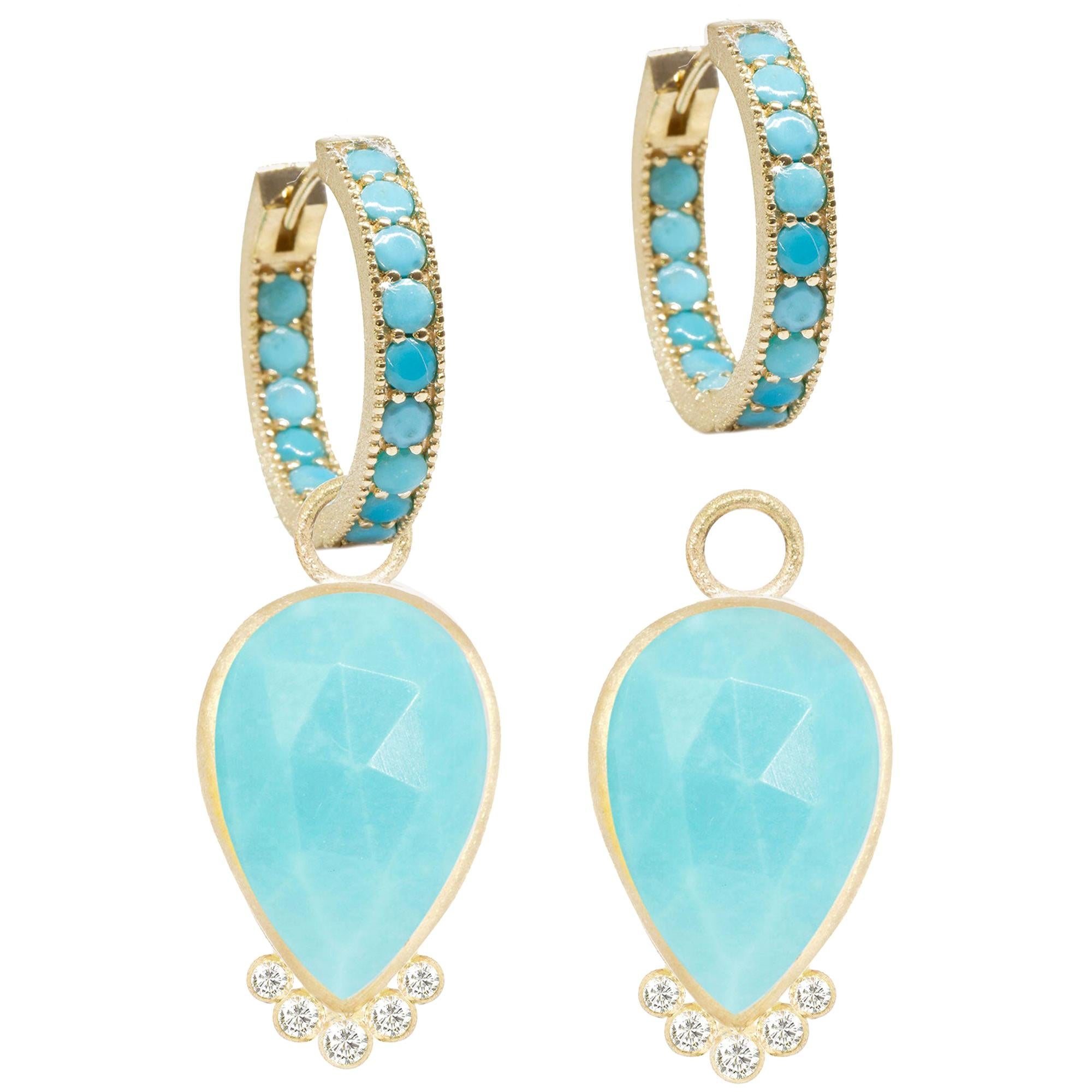 Mia Medium Turquoise Charms and Intricate 18 Karat Gold Hoop Earrings For Sale