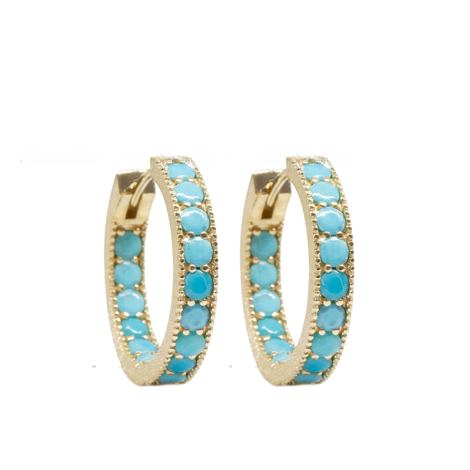Contemporary Mia Medium Turquoise Charms and Intricate 18 Karat Gold Hoop Earrings For Sale