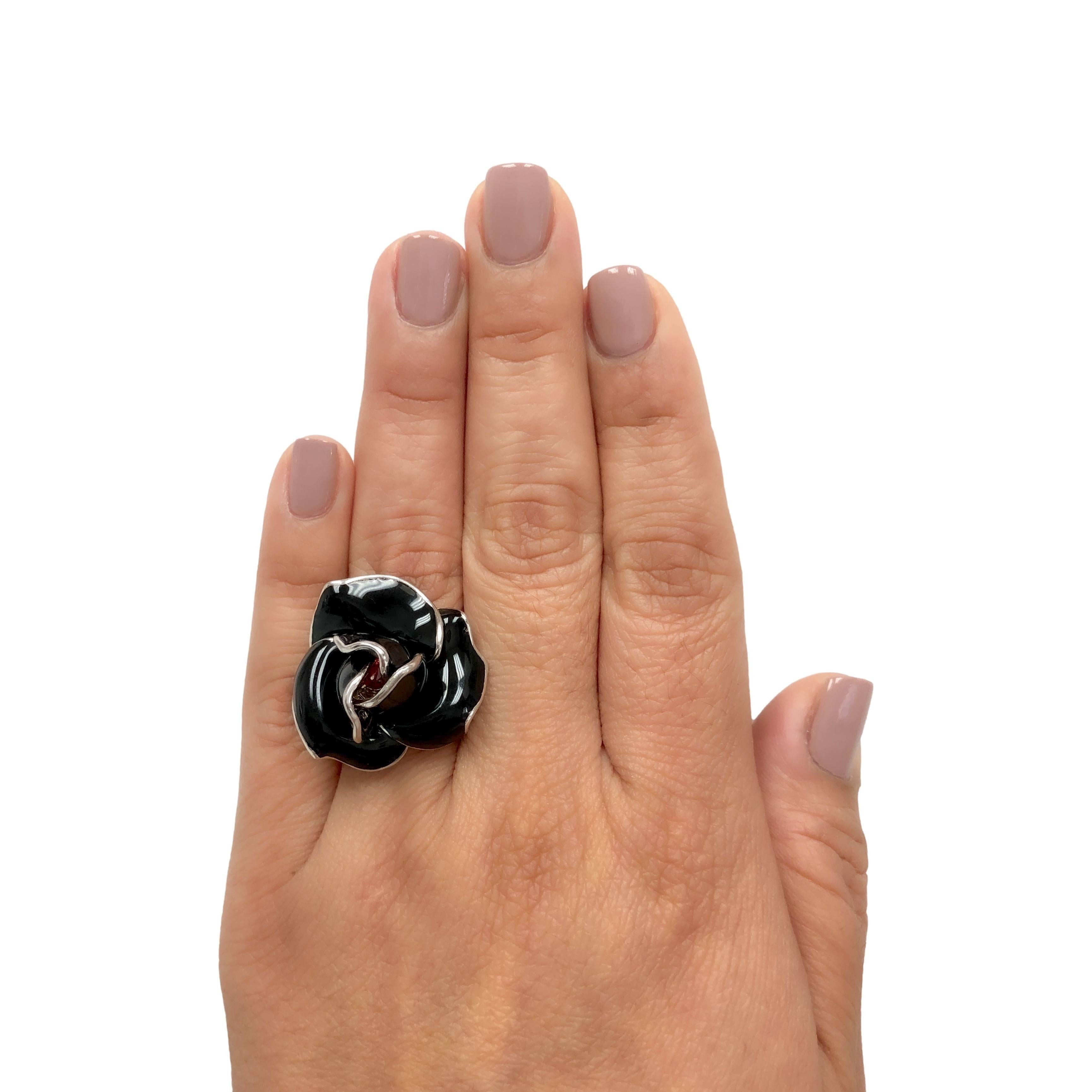 Mia Nardi 18K White Gold Rosa Ring in Black enamel with Orange Sapphire Center For Sale 4
