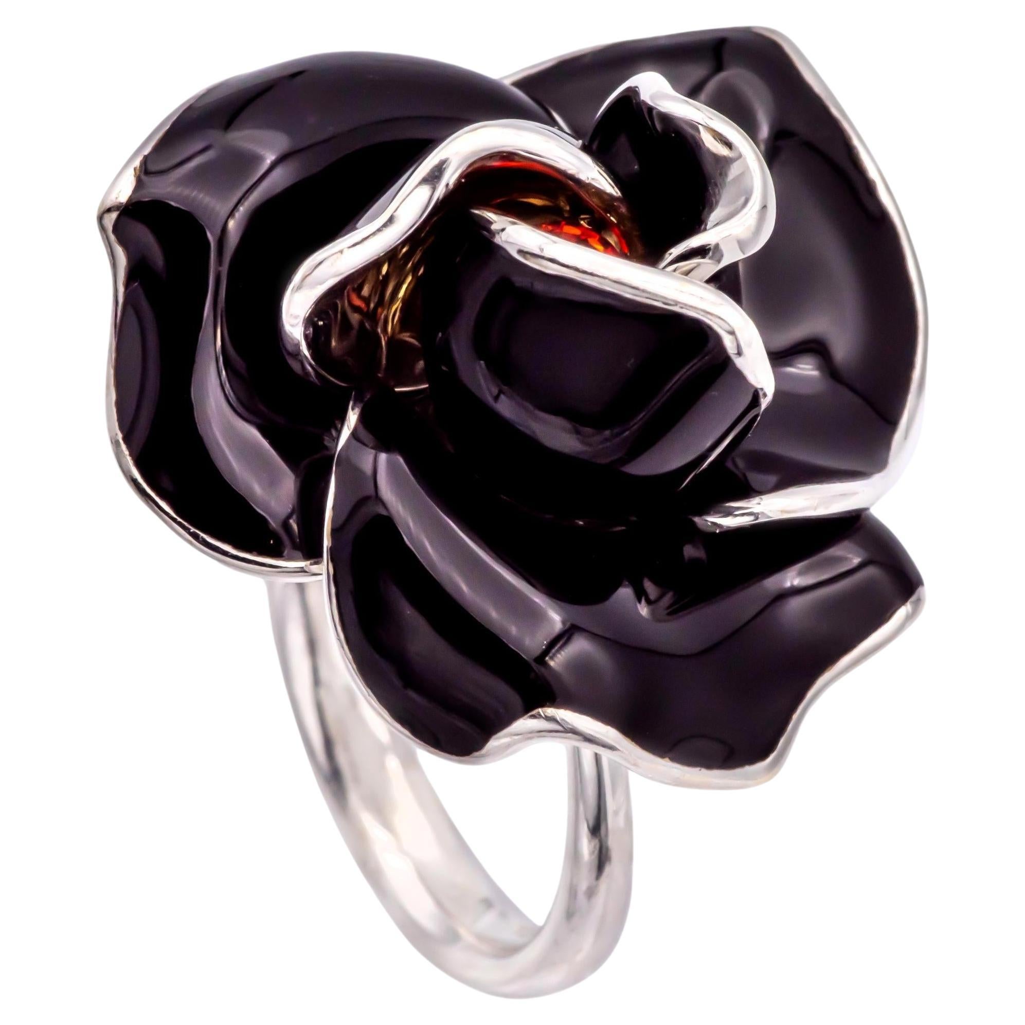 Mia Nardi 18K White Gold Rosa Ring in Black enamel with Orange Sapphire Center