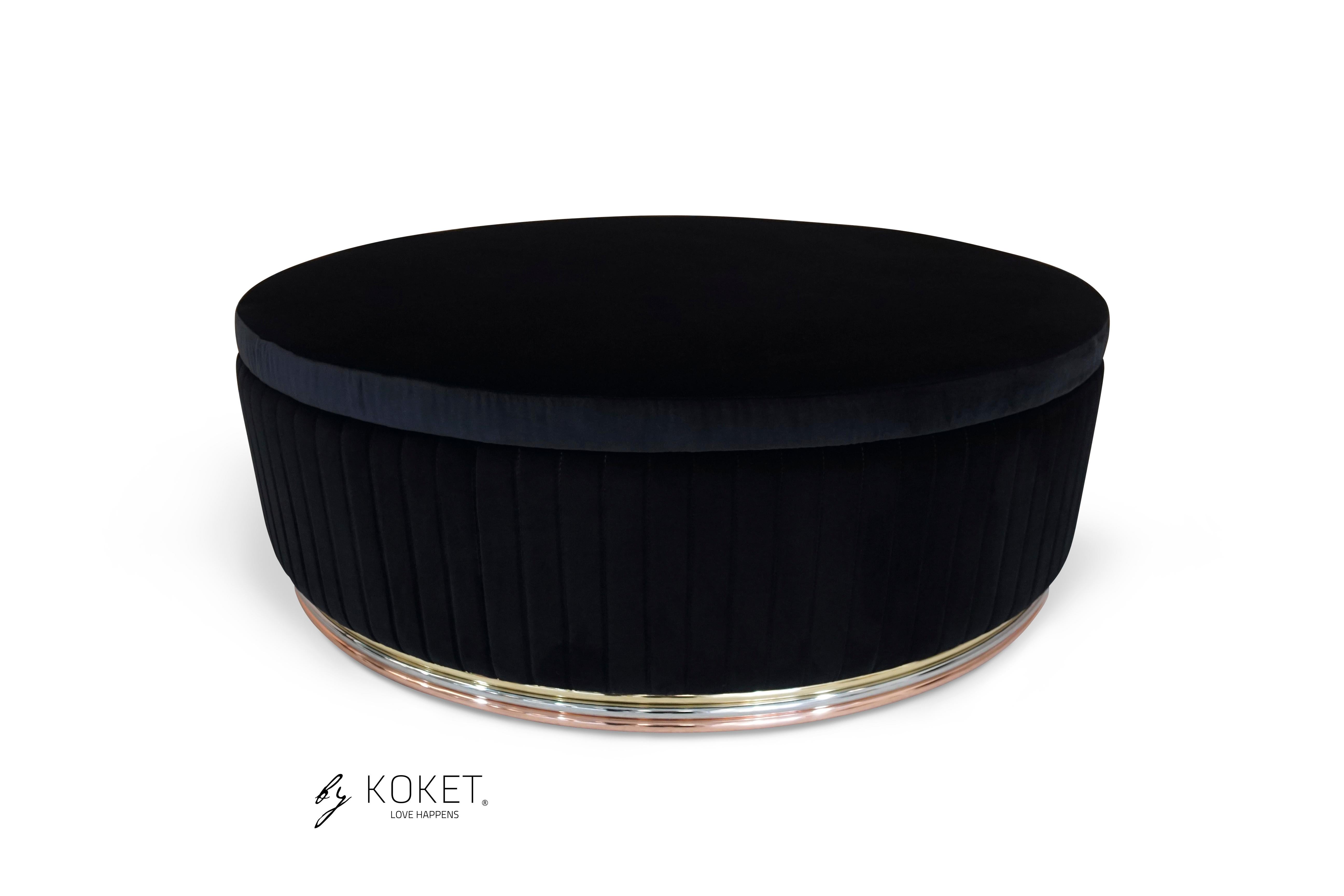 The soft lines and angles of the Mia Ottoman give her a gentle yet mesmerizing radiance making her a perfect addition to just about any space

As Shown
Upholstery: Lux Velvet  Deep Black (0968) from the KOKET Textiles collection.
Base: Polished