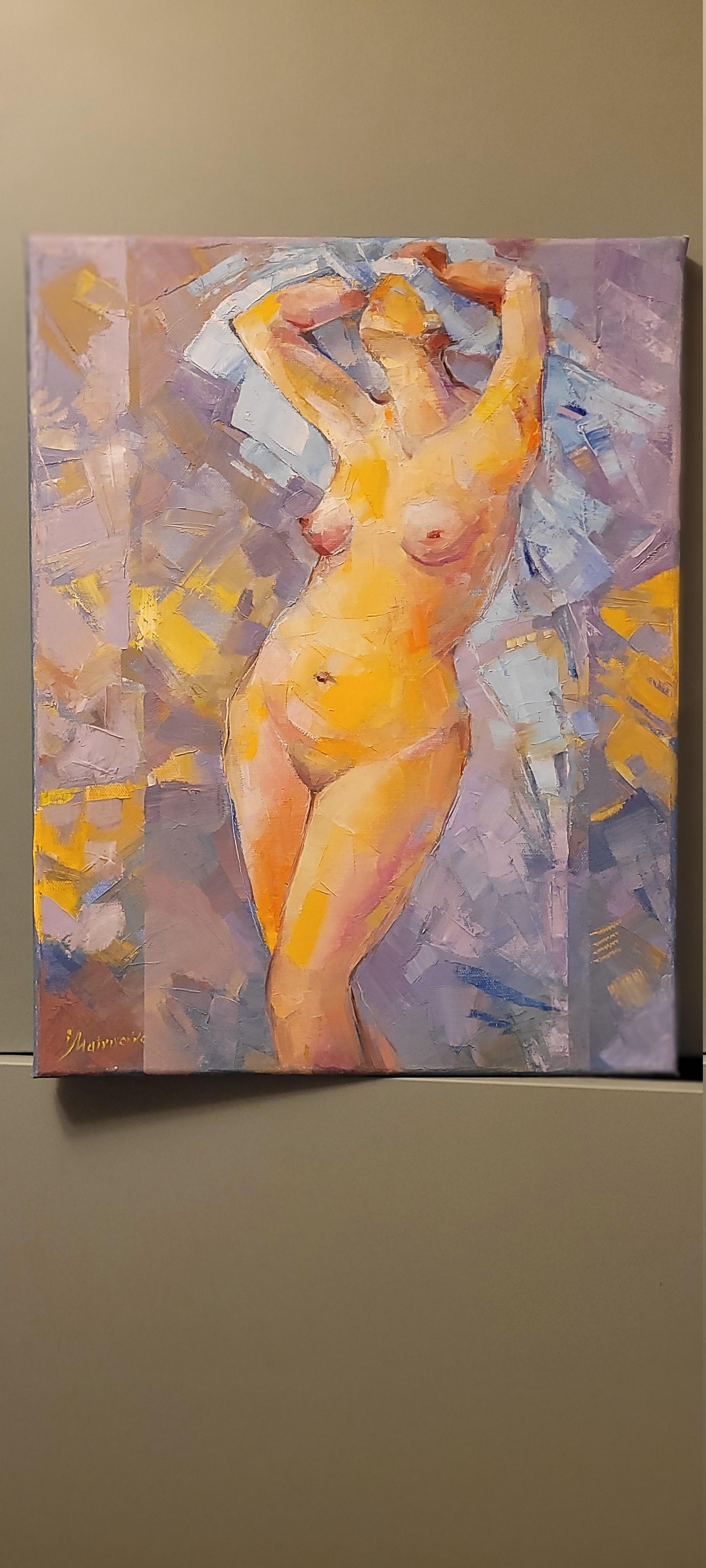 Dopo la doccia. Figurativo, Olio su tela, Nudo, Realismo astratto, Verticale, Blu - Painting di Mia