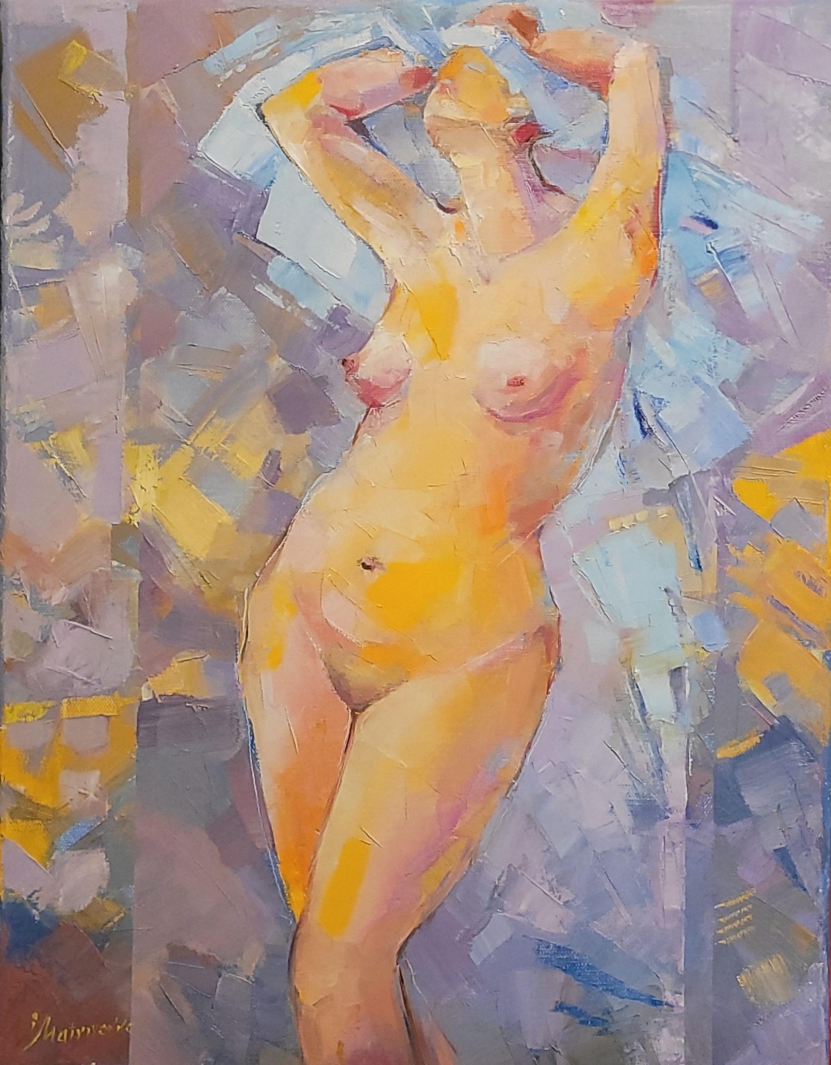 Figurative Painting di Mia - Dopo la doccia. Figurativo, Olio su tela, Nudo, Realismo astratto, Verticale, Blu