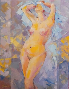 After Shower. Figurative, Oil on canvas, Nude, Abstract realism, Vertical, Blue