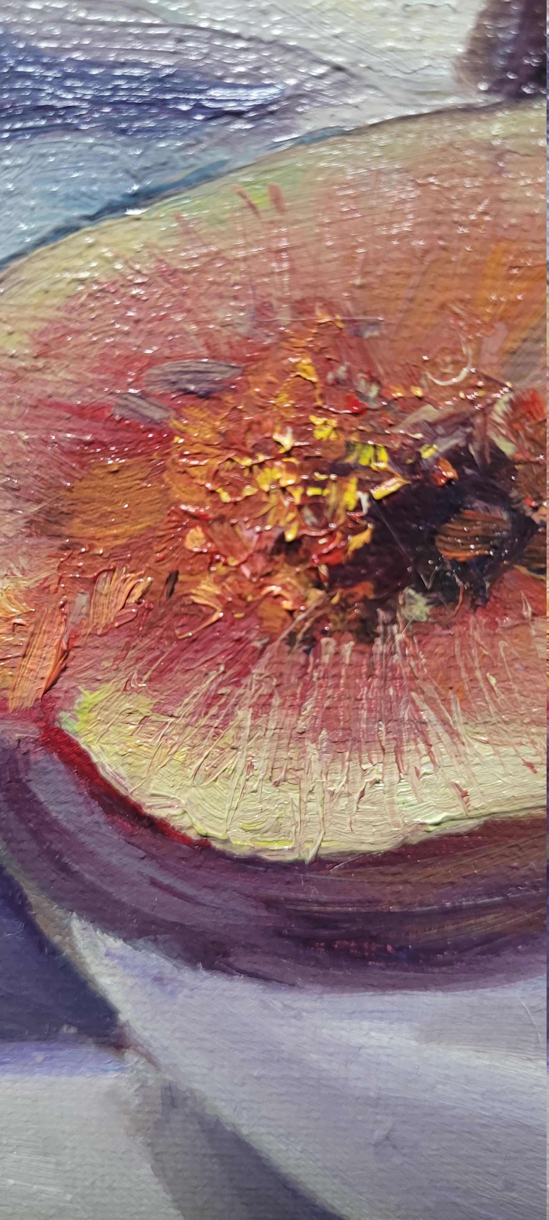 This small Still Life is horizontally composed with dark juicy fig fruits delicately contrasting to the white drapery they are resting on. Light shadow covers one half of fruit, letting the rest of figs stay exposed to the bright light. Cut fruits