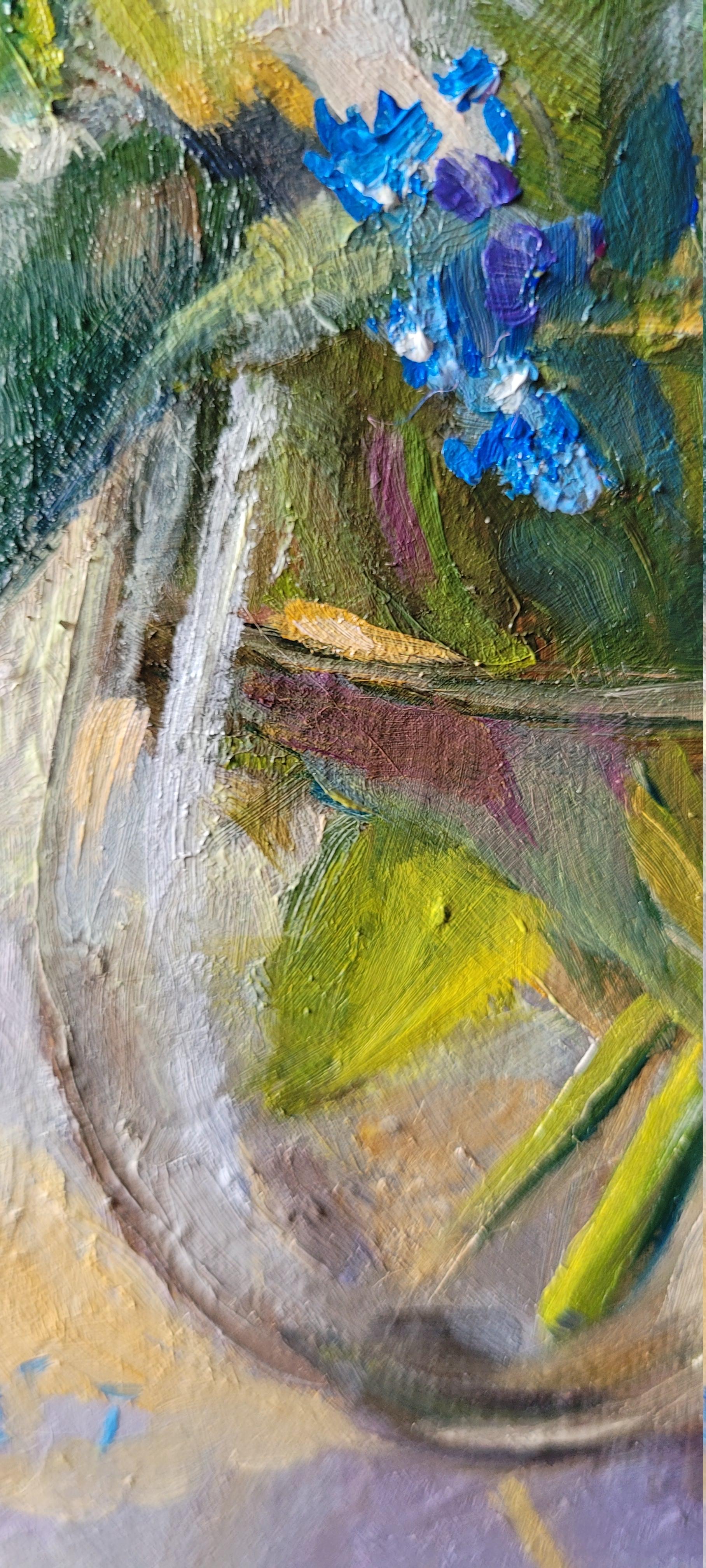 FORGET ME NOT. Oil on canvas, Floral, Abstract realism, Square, Blue en venta 5
