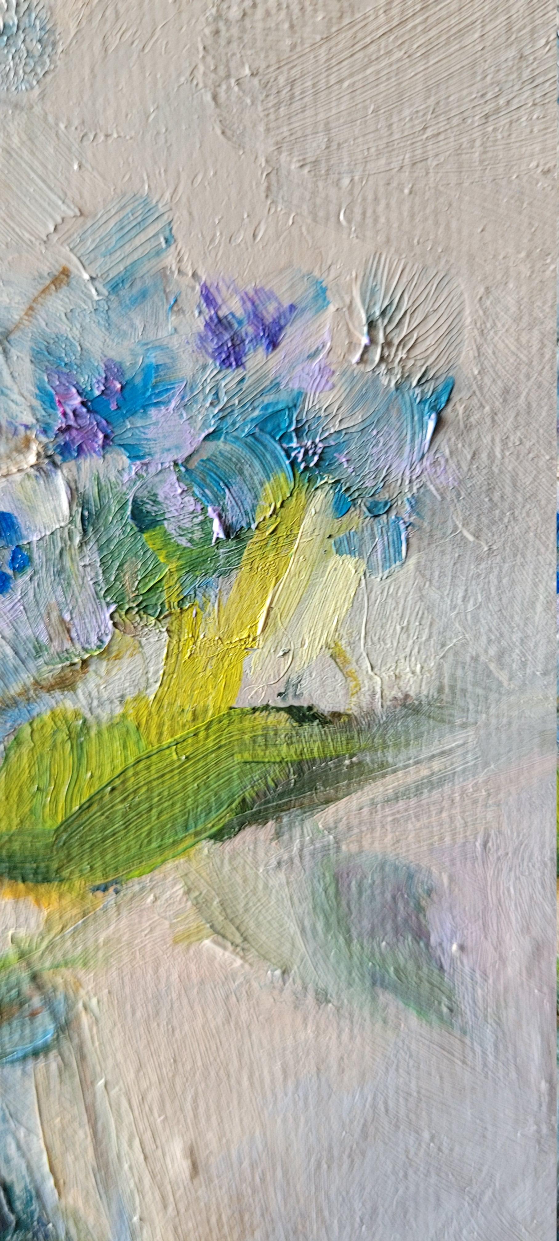 FORGET ME NOT. Oil on canvas, Floral, Abstract realism, Square, Blue en venta 6