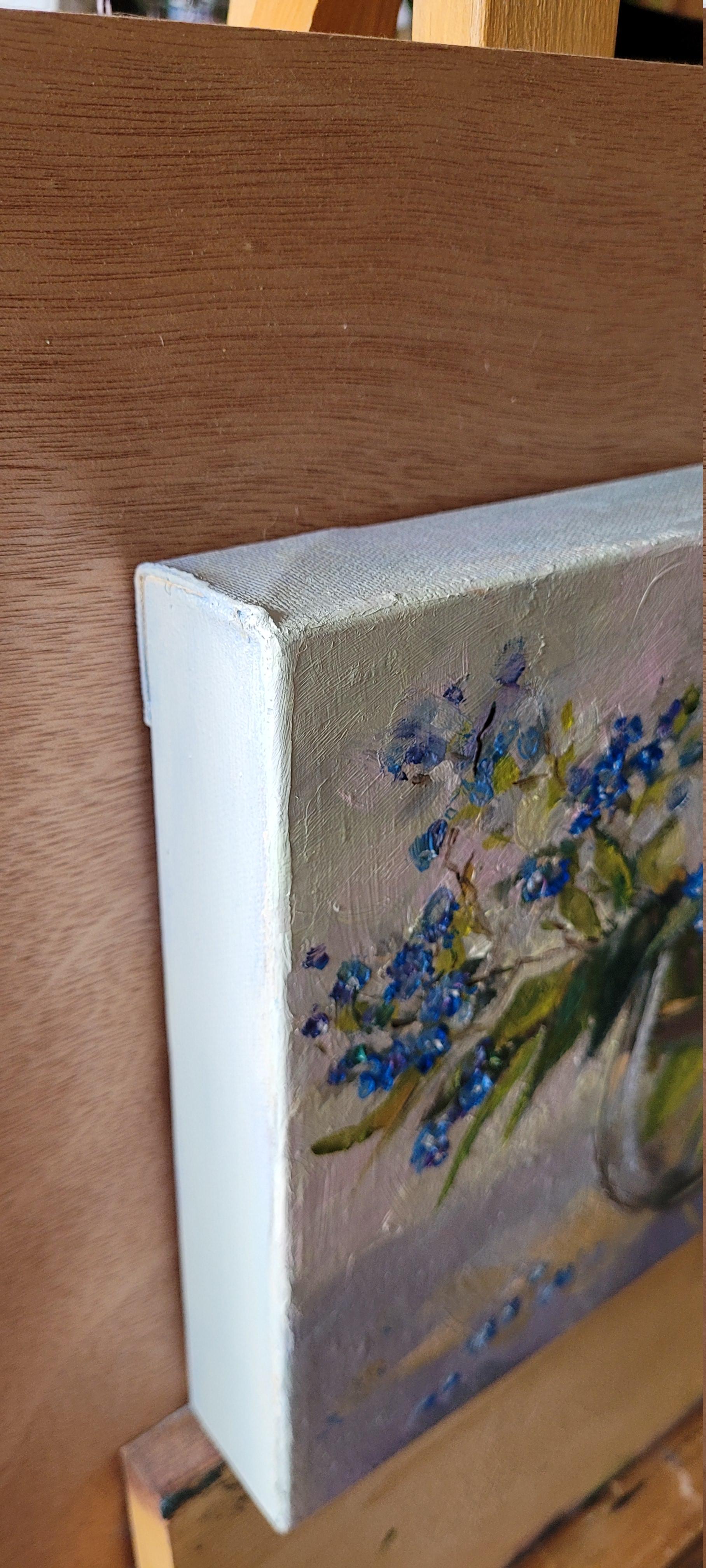 FORGET ME NOT. Oil on canvas, Floral, Abstract realism, Square, Blue en venta 9