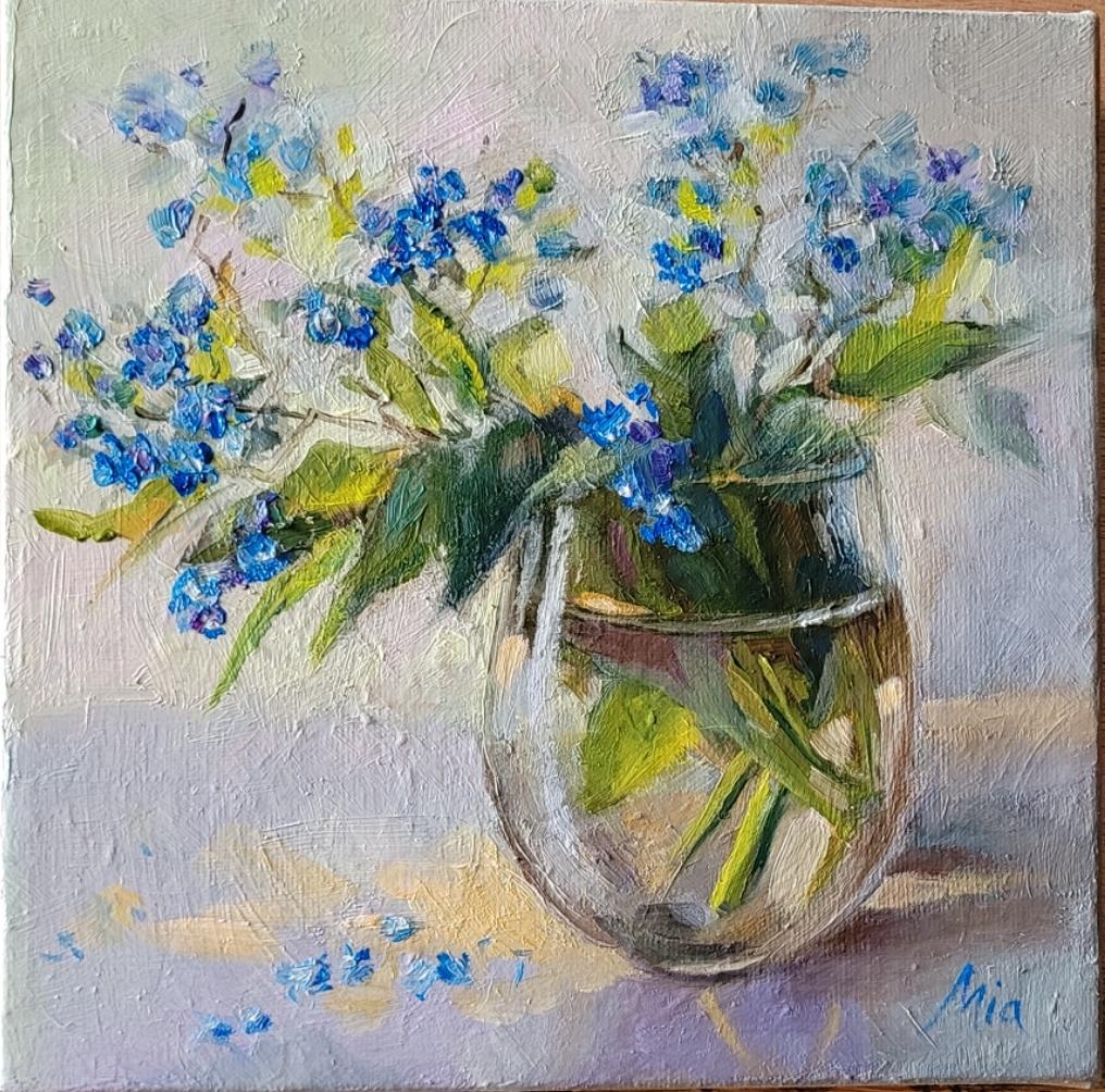 FORGET ME NOT. Oil on canvas, Floral, Abstract realism, Square, Blue - Painting Realista de Mia