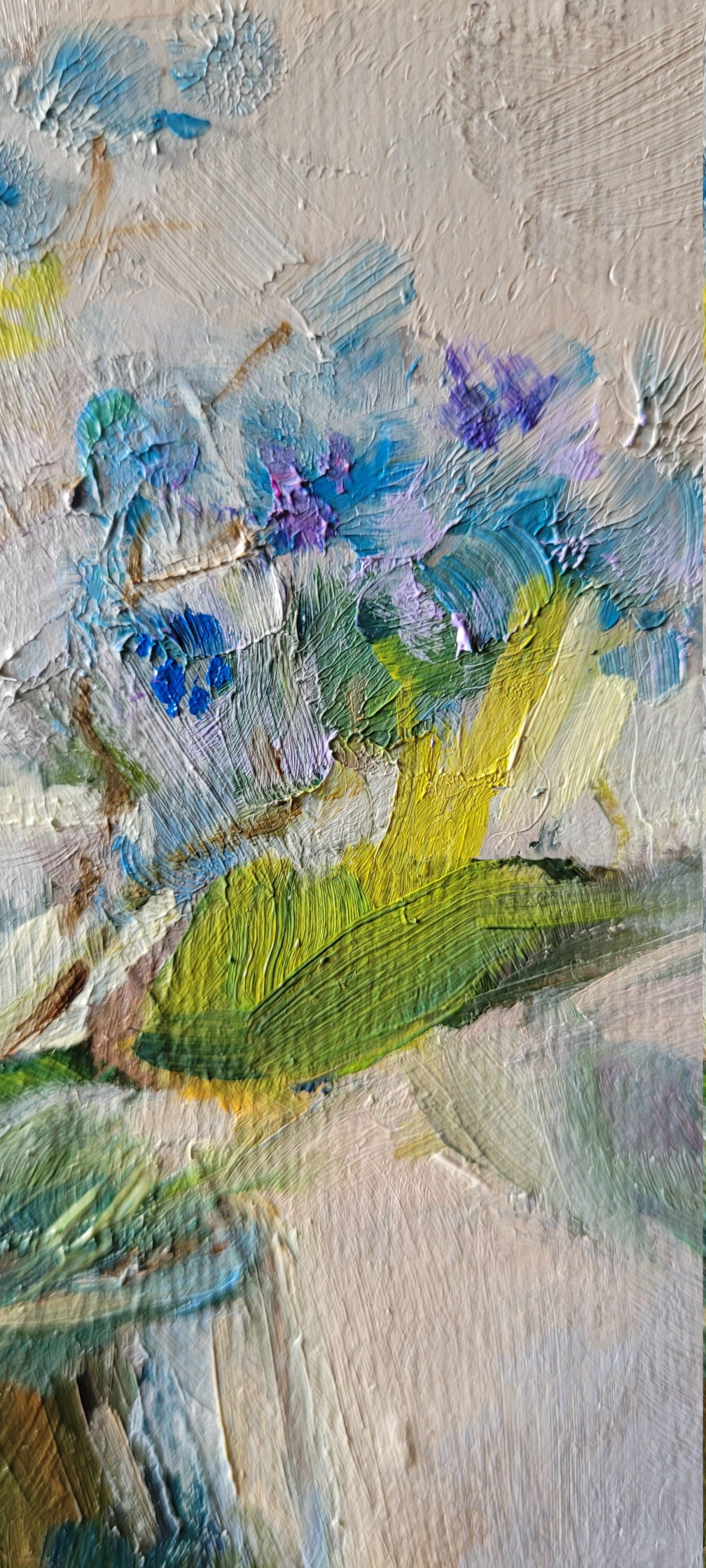 FORGET ME NOT. Oil on canvas, Floral, Abstract realism, Square, Blue - Still-Life Painting Gris de Mia