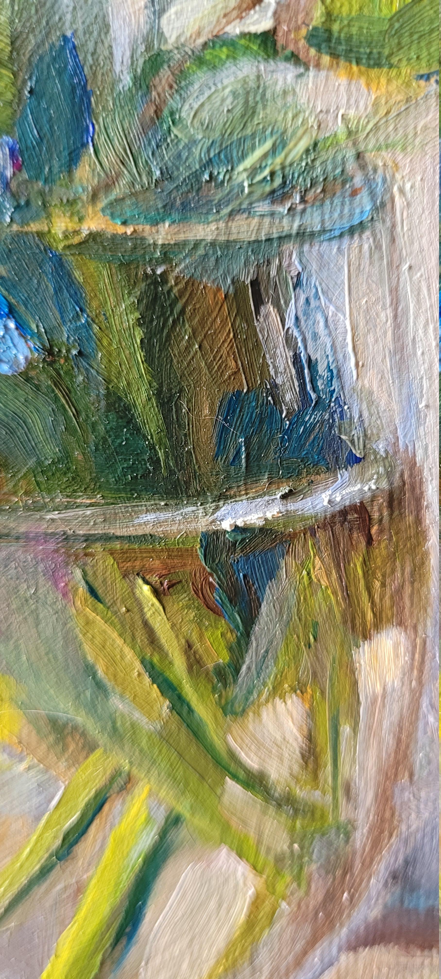 It's a square (20 cm by 20 cm ) oil on a stretched canvas still life painting .
There we can see a bunch of  beautiful blue Forget Me Not flowers in a clear glass vase and light background. 

The palette based on analogous colors and consists vivid