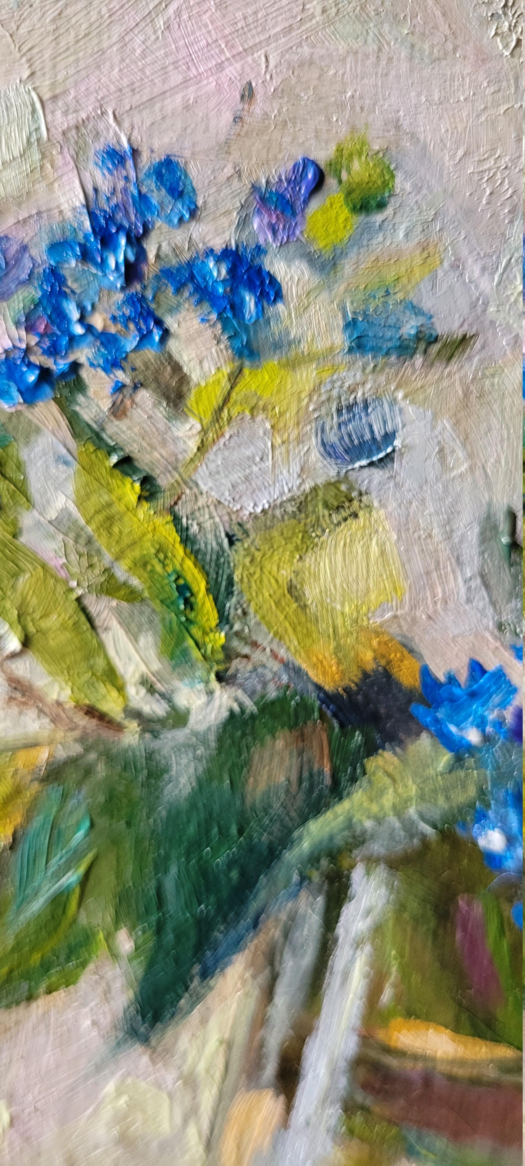 FORGET ME NOT. Oil on canvas, Floral, Abstract realism, Square, Blue en venta 1