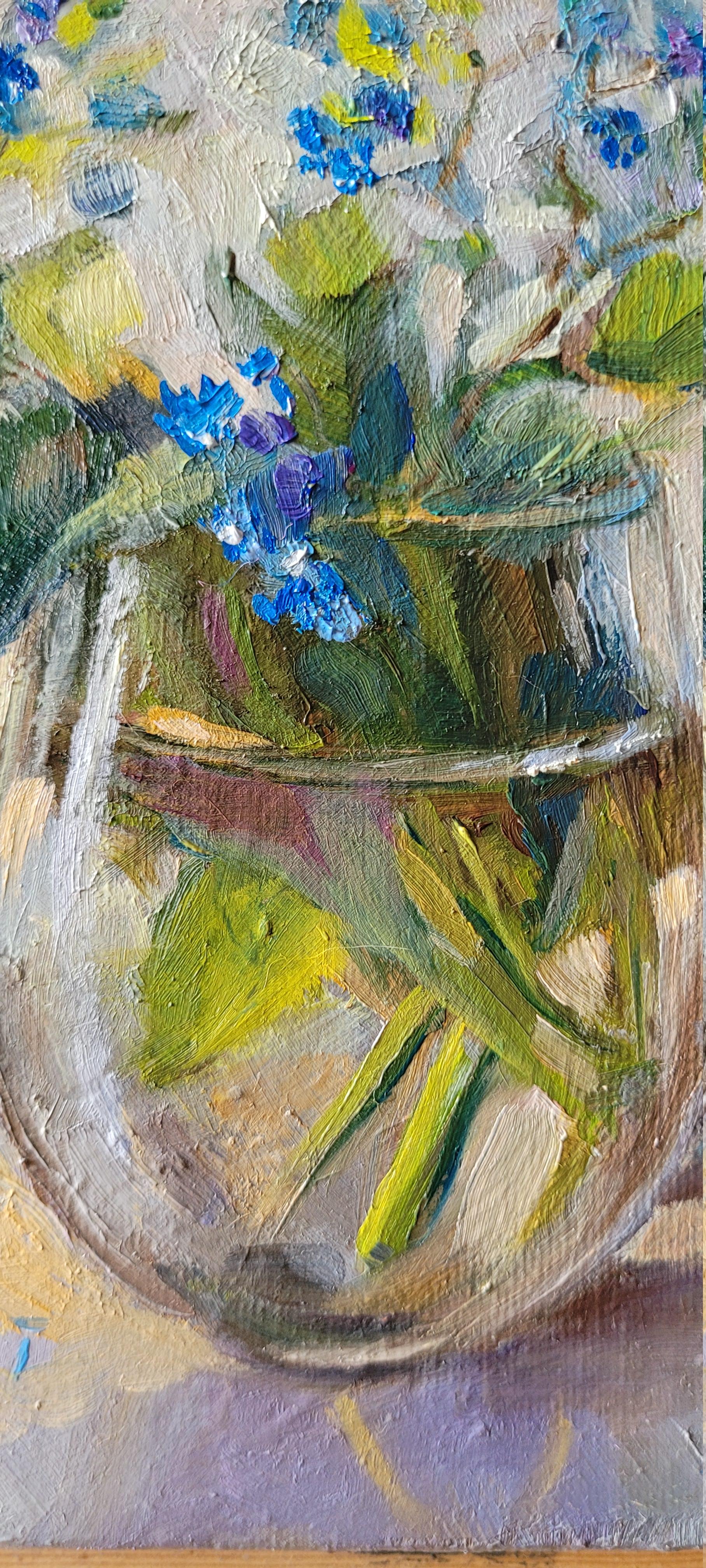 FORGET ME NOT. Oil on canvas, Floral, Abstract realism, Square, Blue en venta 4