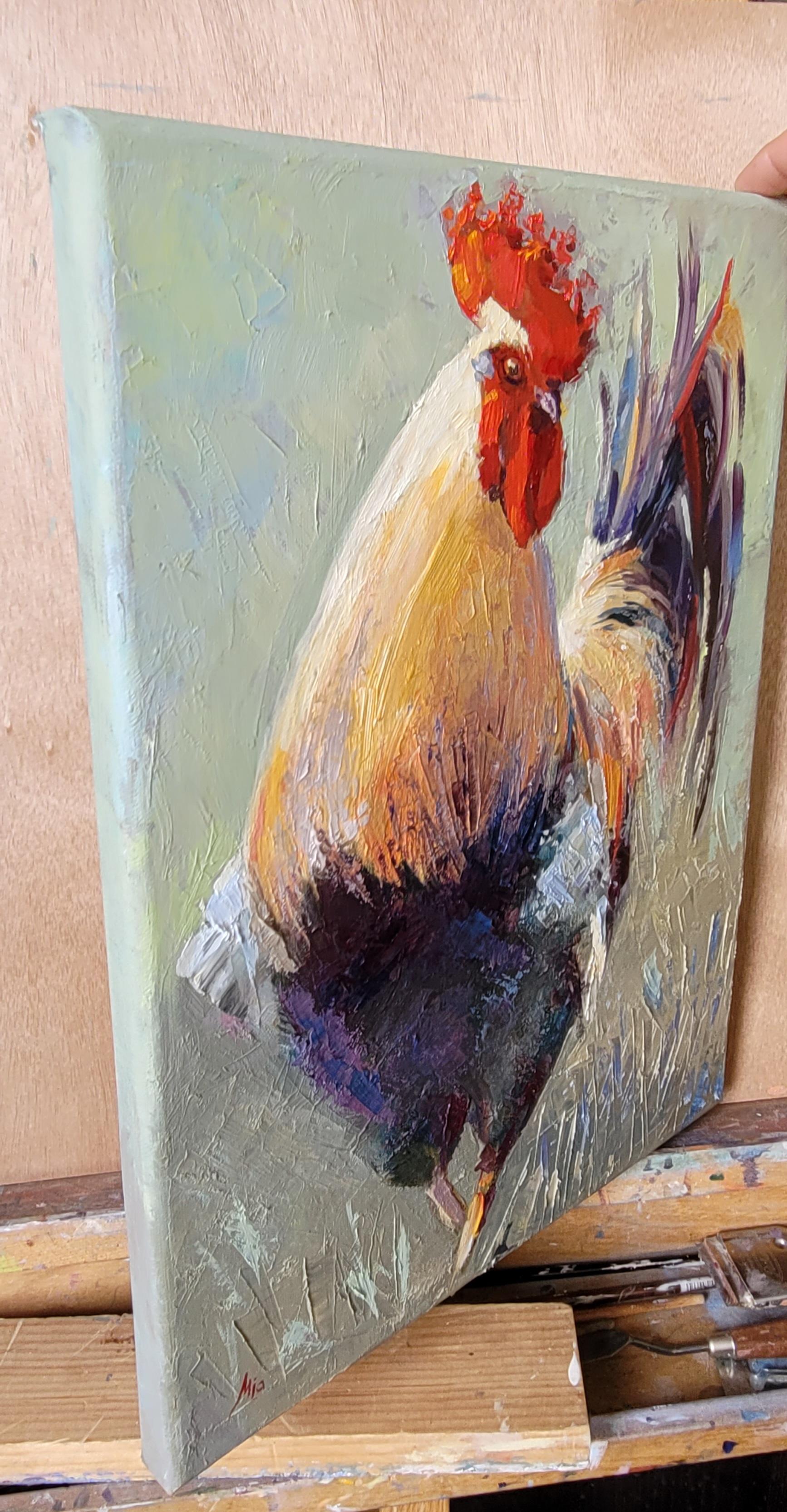 Coq. Animaliste, huile sur toile, verticale, verte, jaune, rouge, coq, oiseau en vente 5