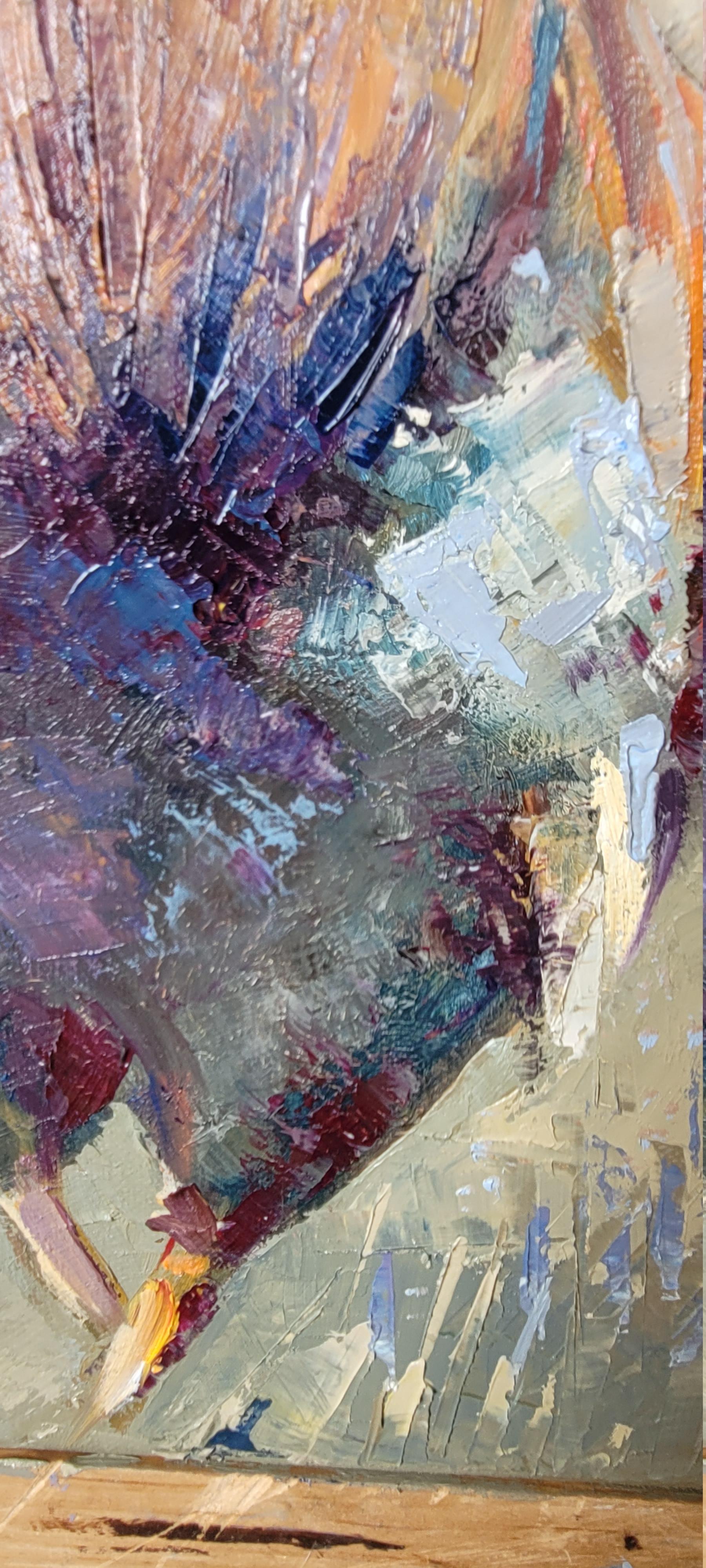 Coq. Animaliste, huile sur toile, verticale, verte, jaune, rouge, coq, oiseau en vente 8