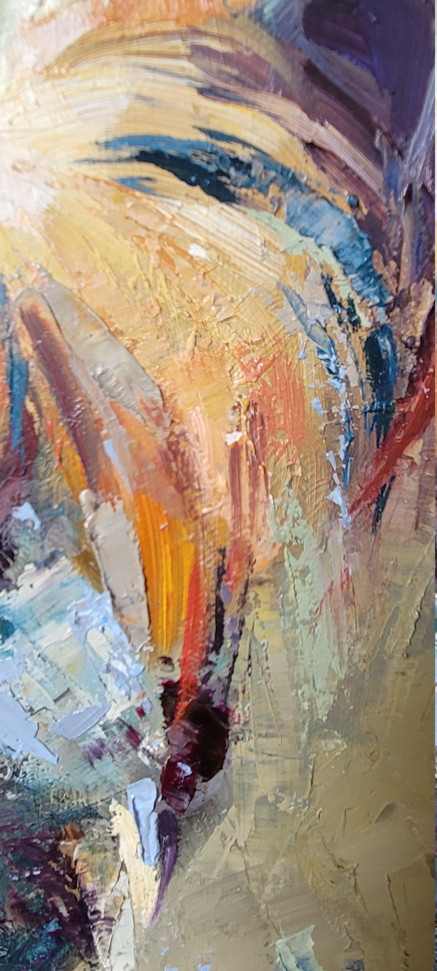 Coq. Animaliste, huile sur toile, verticale, verte, jaune, rouge, coq, oiseau en vente 9
