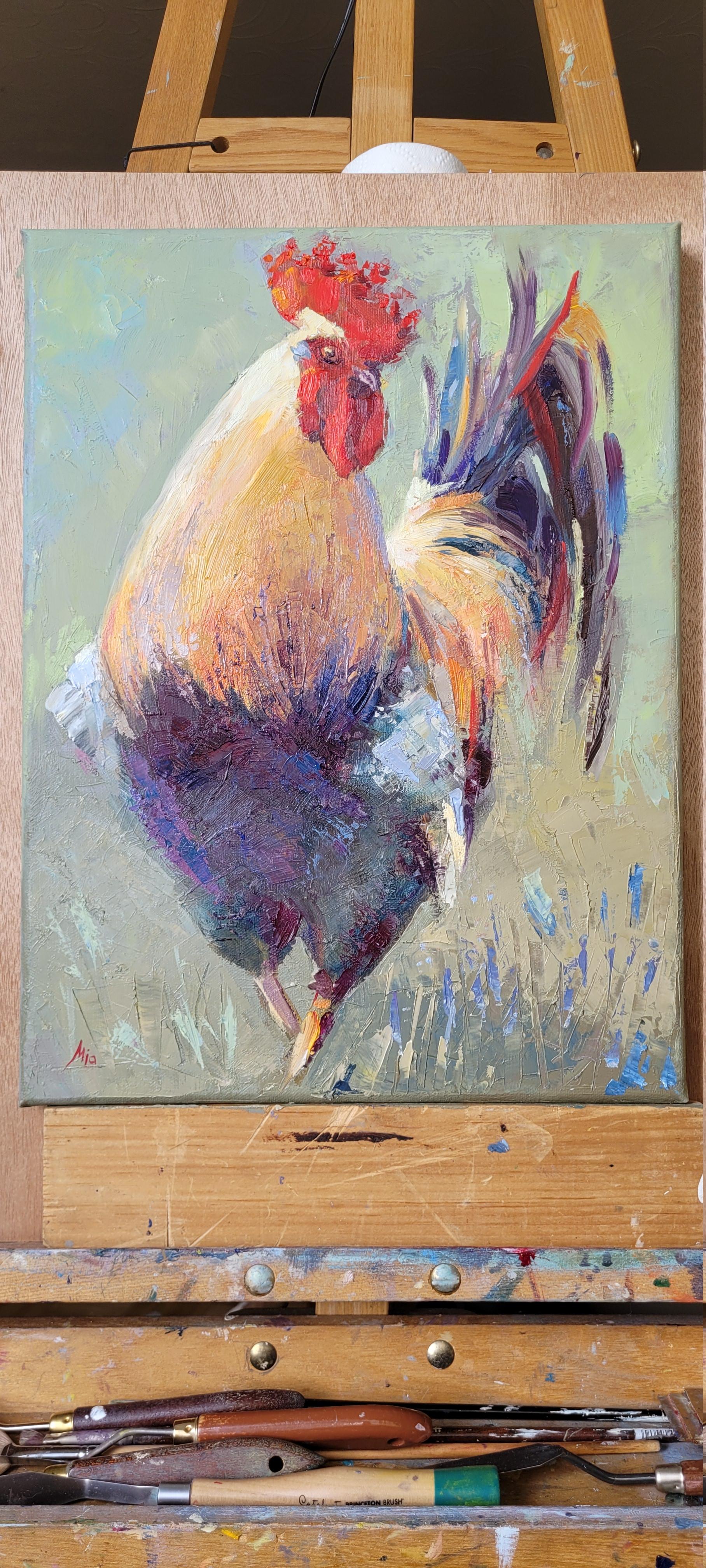 Coq. Animaliste, huile sur toile, verticale, verte, jaune, rouge, coq, oiseau en vente 10
